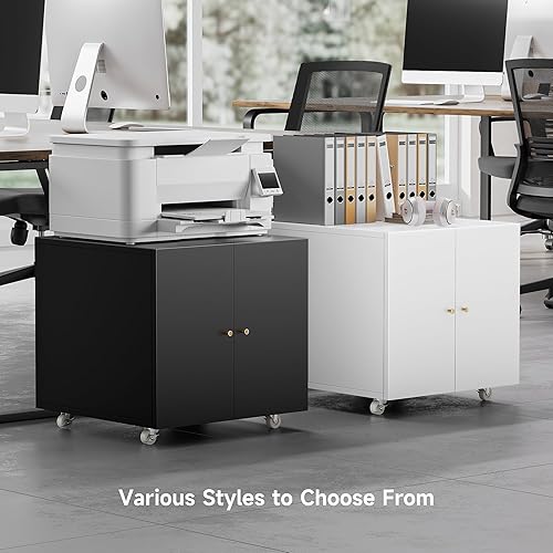 Vista 5 de Warmiehomy Metal Printer Stand, 24x24x24'' Printer Cabinet with Storage, Mobile Printer Table with Wheels, Desk for Small Spaces with Door