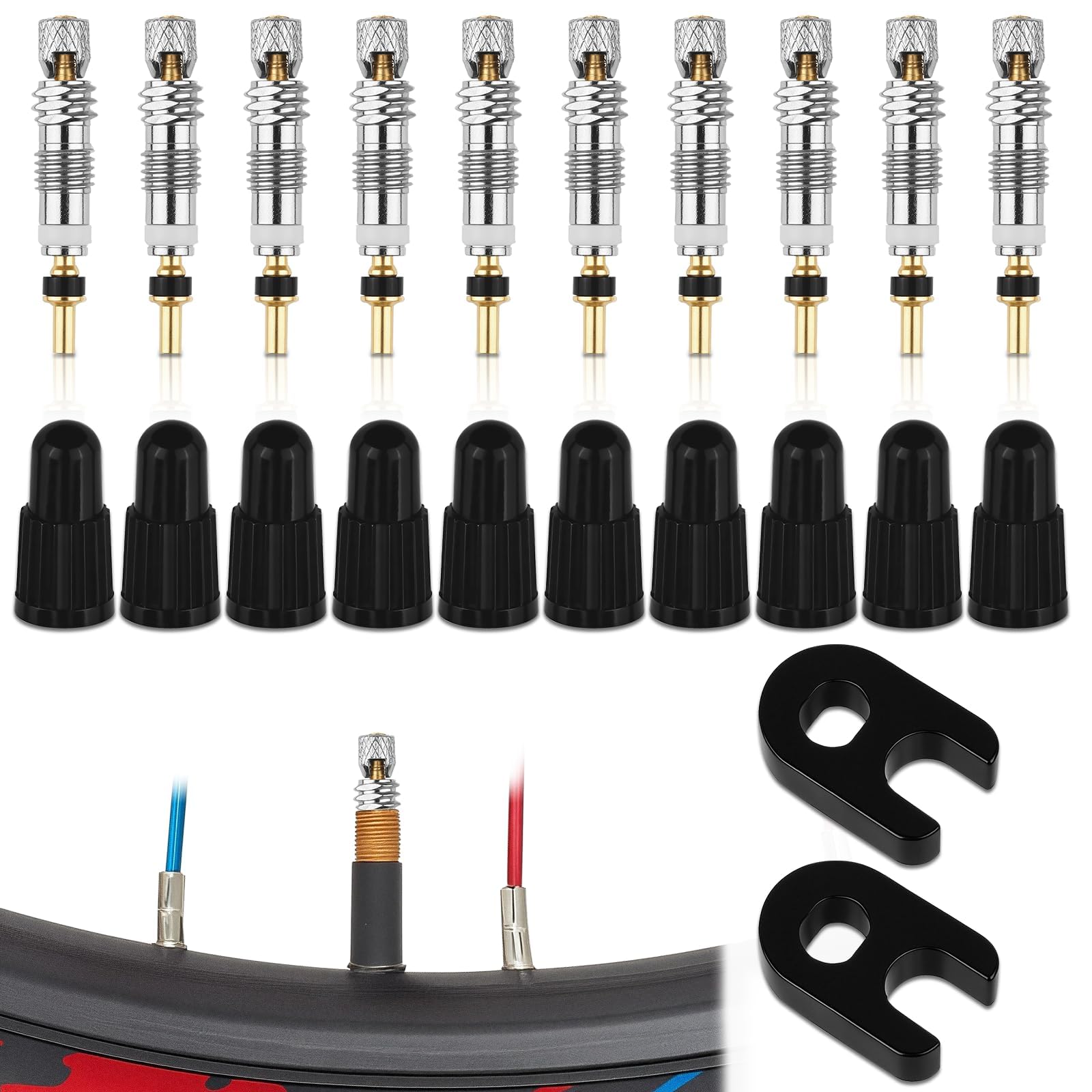 22 Pcs Presta Valve Core Repair Kit, 10 Valve Cores 10 Valve Caps 2 Plastic Buckles Brass Presta Valve Stem Adapter for MTB Bicycle Tires