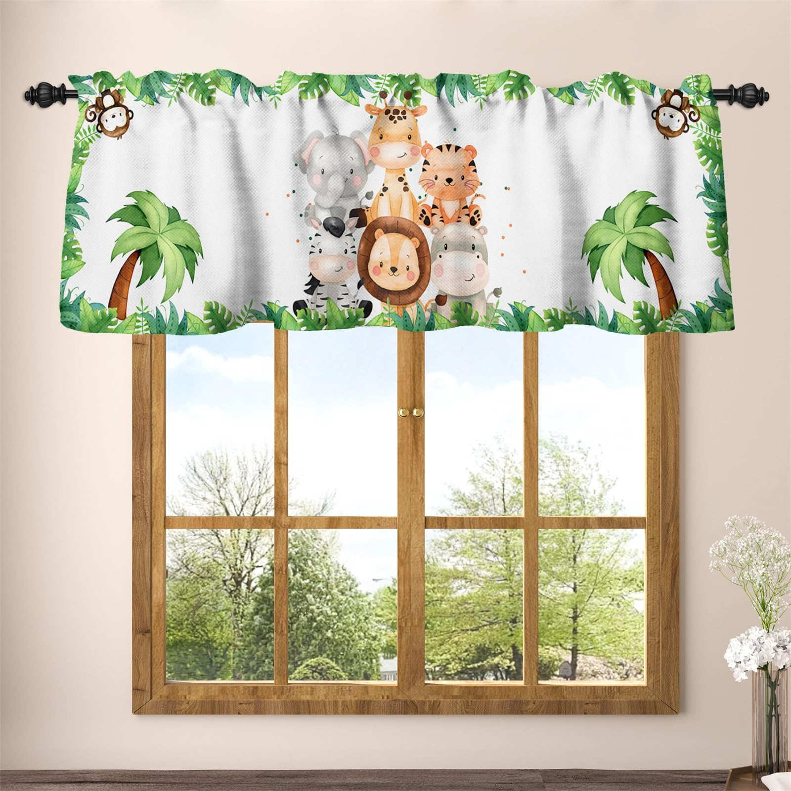 Renaiss 52 x 18 Inch Baby Safari Animals Valance Curtain for Nursery Jungle Elephant Lion Plant Short Cafe Kitchen Short Curtain Rod Pocket Palm Tree