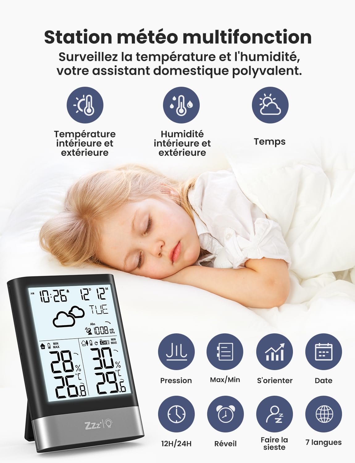 LIORQUE Station Météo Sans Fil Avec RCC, Thermomètre Hygromètre Baromètre Intérieure Extérieure Température Prévisions Météorologiques, LCD Ecran Rétro éclairage Horloge Numérique Alarme Snooze