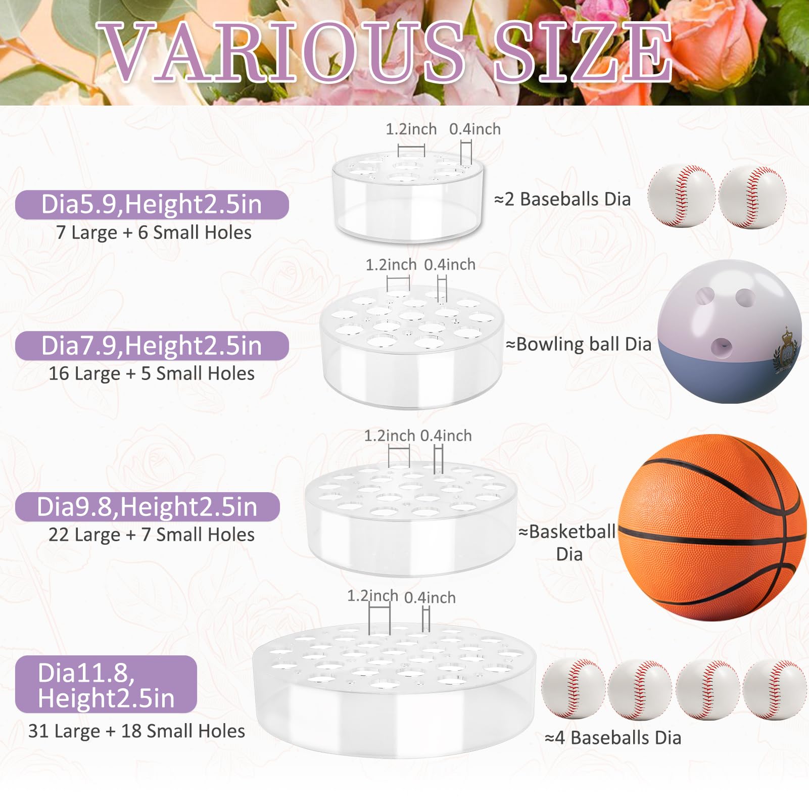 Vase à fleurs rond en acrylique de 30,5 cm pour centre de table de mariage, vase floral rond transparent large et bas avec 31 grands + 18 petits trous pour table à manger, maison, fête d'anniversaire,