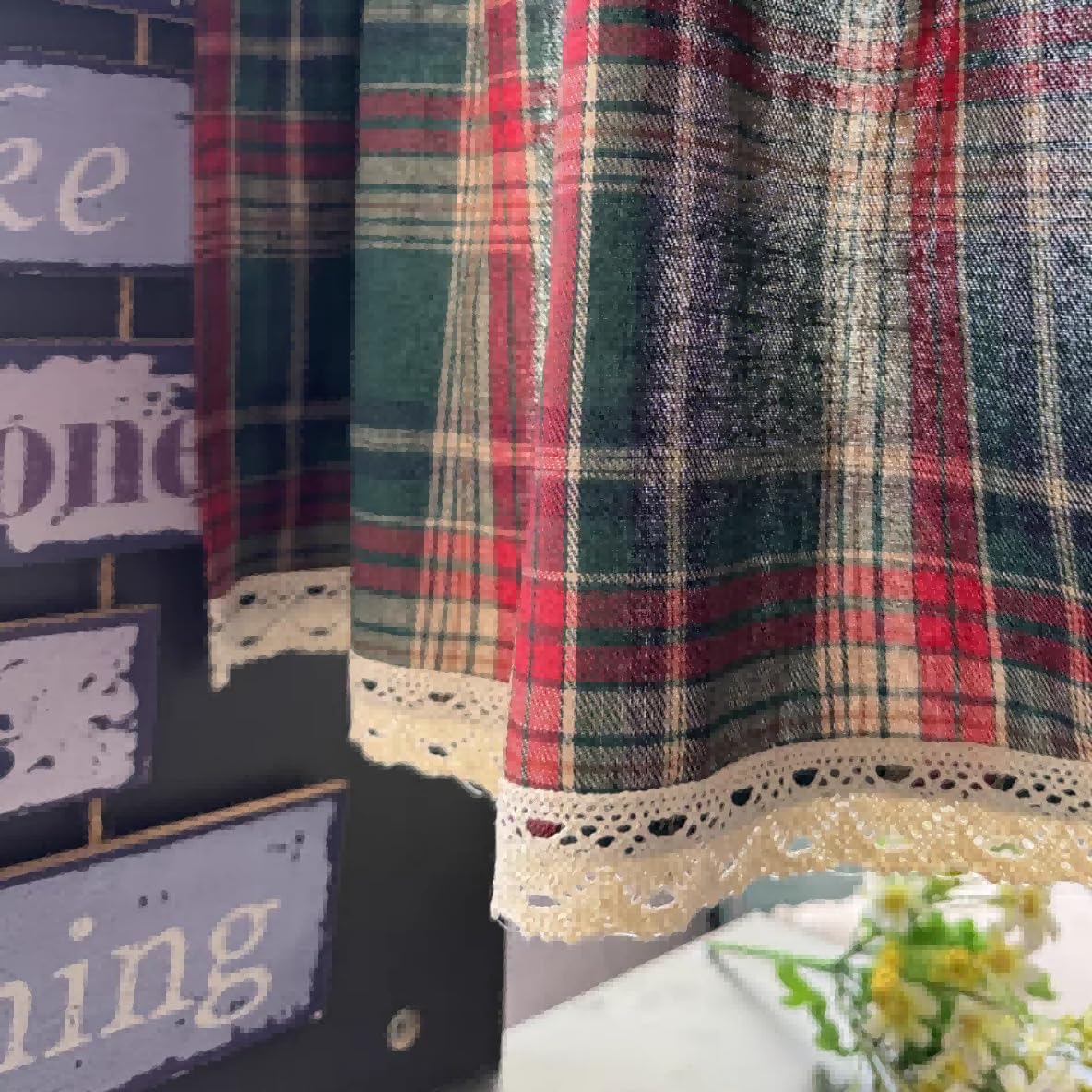 Karomuste - Tendina da cucina con bordo in pizzo, stile rustico, con passante per bastone, 1 pezzo, verde, altezza x larghezza 70 x 140 cm