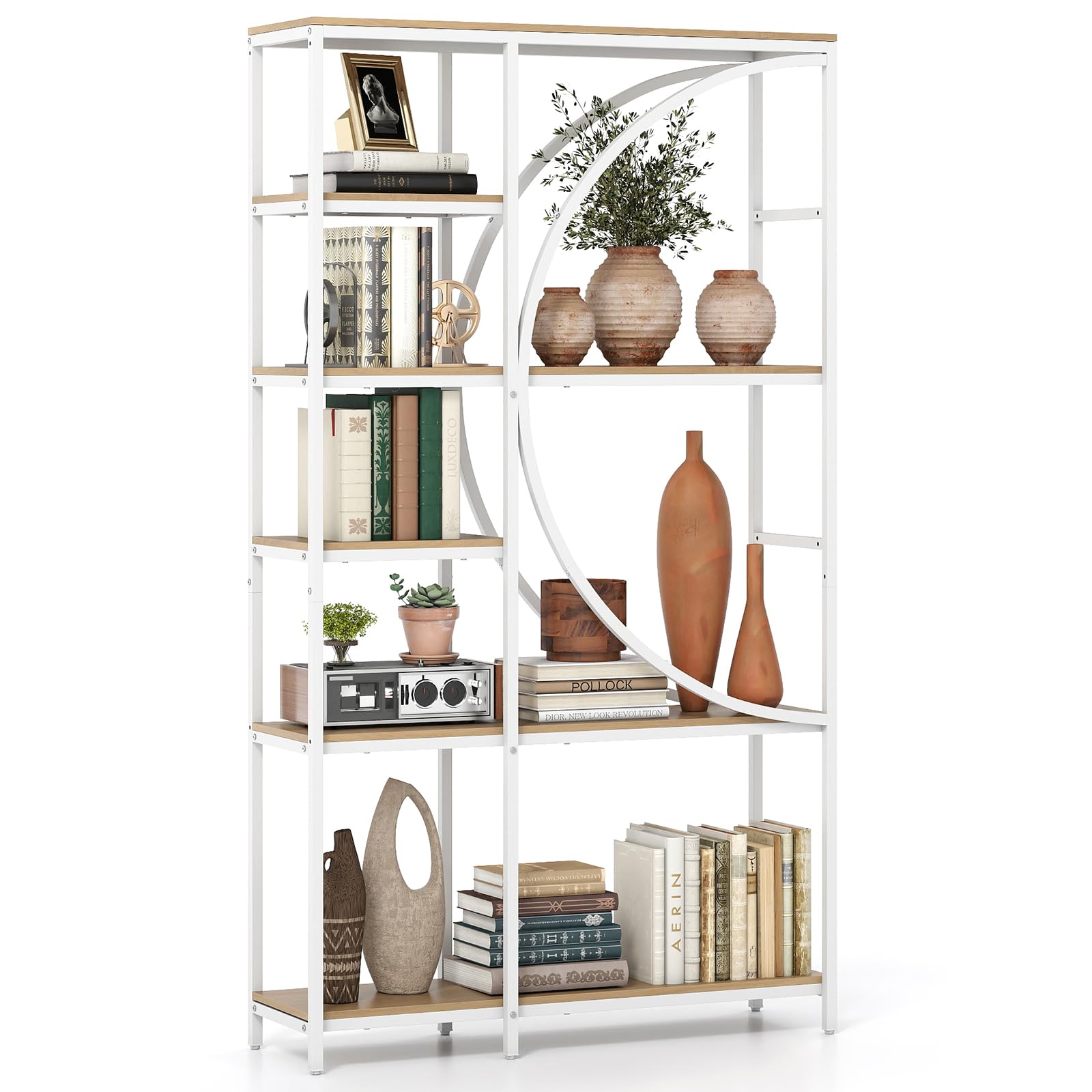 COSTWAY 5/6-Tier Bookshelf, Industrial Etagere Bookcase with Arc-Shaped Design and Open Shelves, Freestanding Metal Frame Tall Display Shelf Storage Organizer (Natural, 100 x 30 x 177 cm)