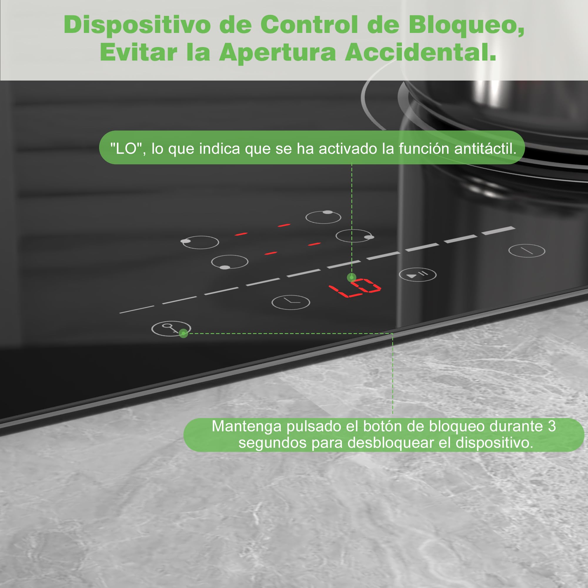 Placa Induccion 4 Fuegos 6400W, Placa de Inducción Integrada 4 Placas, Vitroceramica Induccion 56×49cm, Función de Pausa, 9 Nivels, Control táctil, con Temporizador, Cerradura Infantil | Booster, temporizador, protección para niños, función de pausa, 9 ni