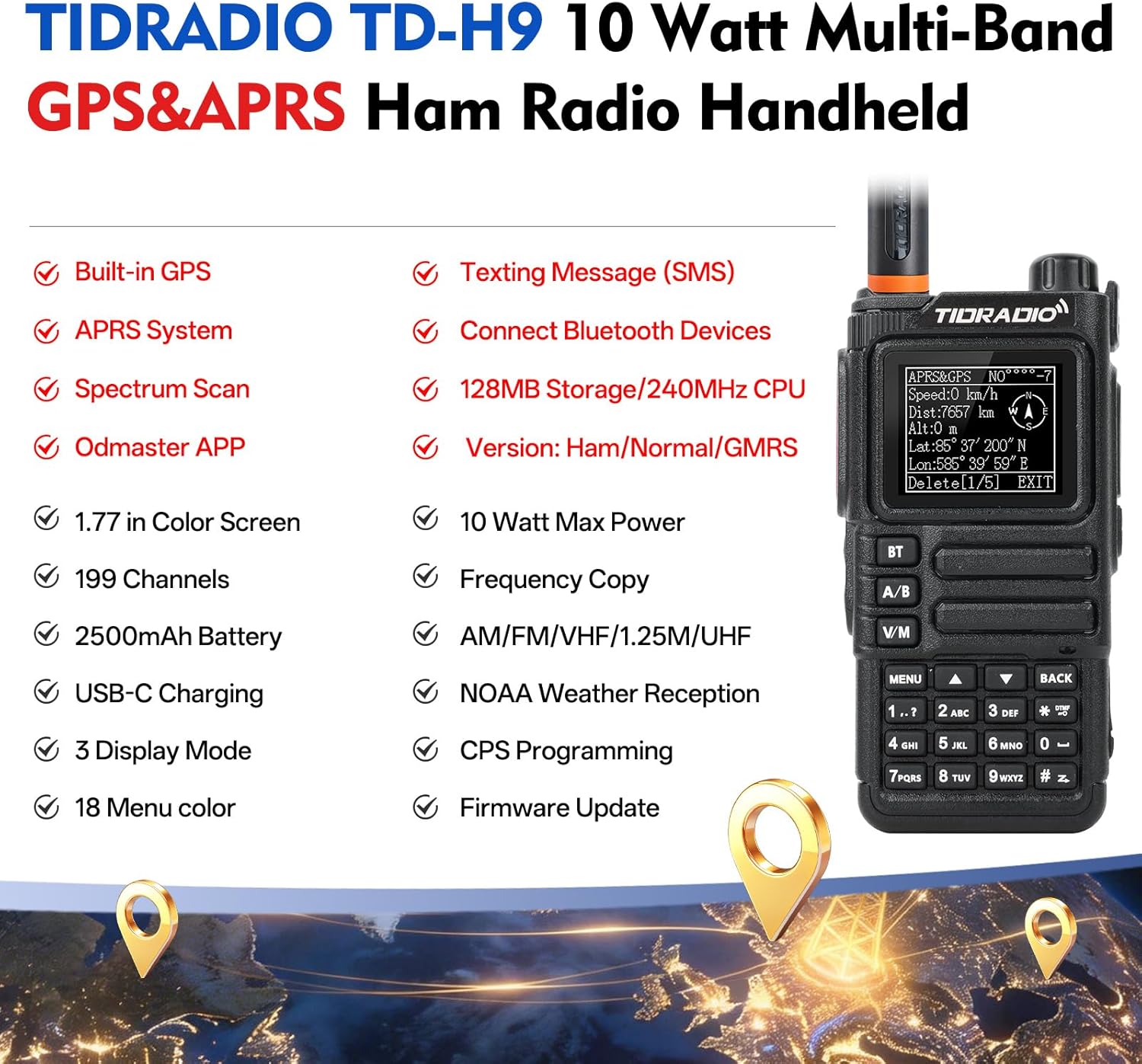 TIDRADIO TD-H9 10Watt GPS&APRS Ham Radio Multi-Band;Capable of Bluetooth Connectivity; Wireless Programming; Frequency Spectrum Analysis;SMS Message Text; NOAA Weather Receiver Handheld Two Way Radio