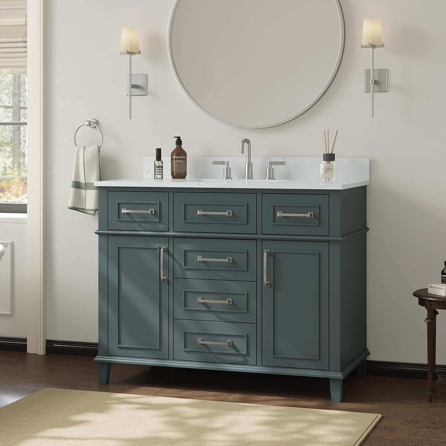 42 Inch Bathroom Vanity with Sink, Single Sink Bathroom Vanity with Adjustable Feets, Modern Bathroom Storage Cabinet with Soft Closing Doors & Dovetail Drawers, Green