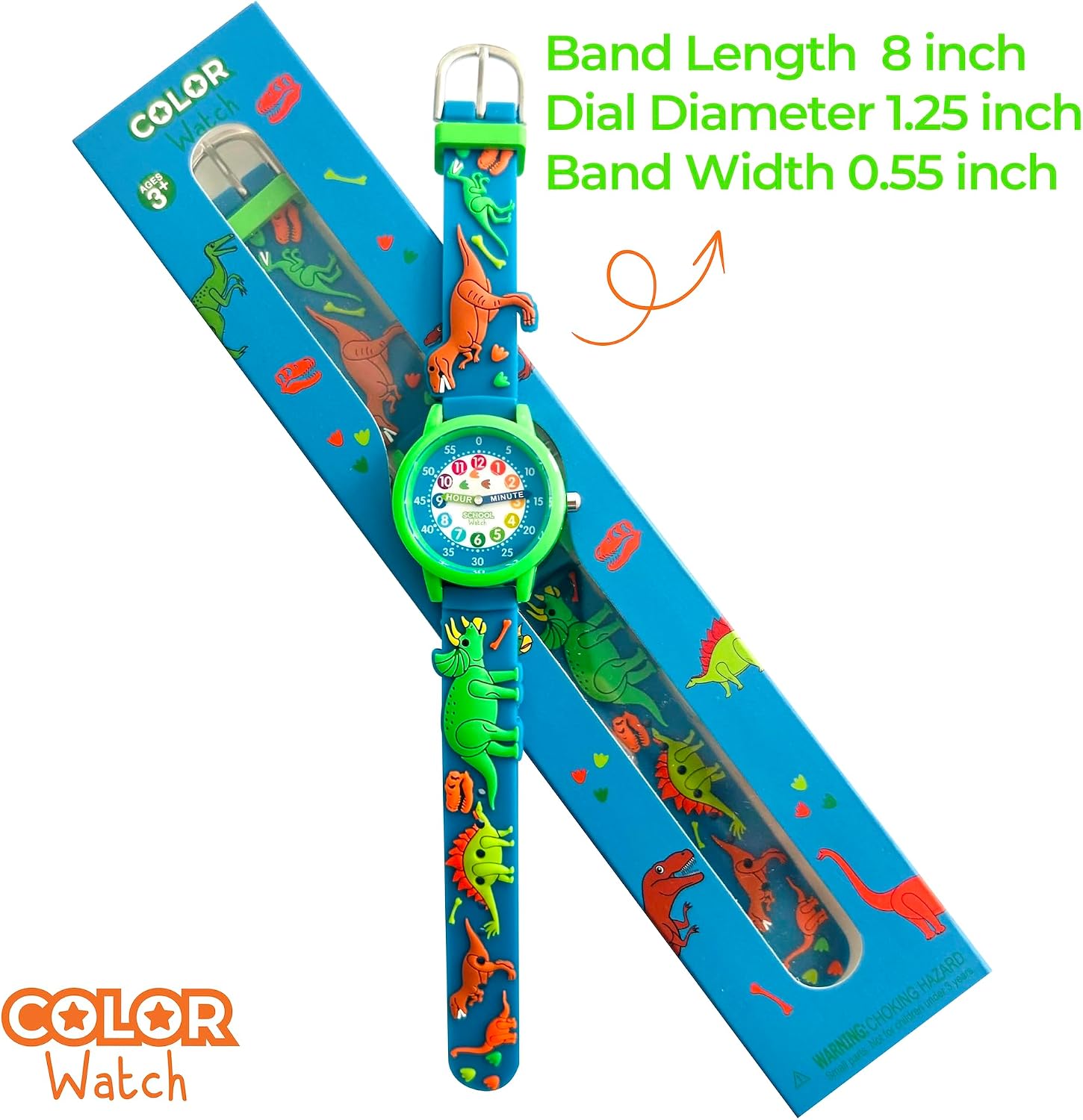 Kids 3D Band First Watch - Analog Color Watch - Monster Trucks, Dinosaurs, Spider - Time Teacher - Girls, Boys, Children - School Watch