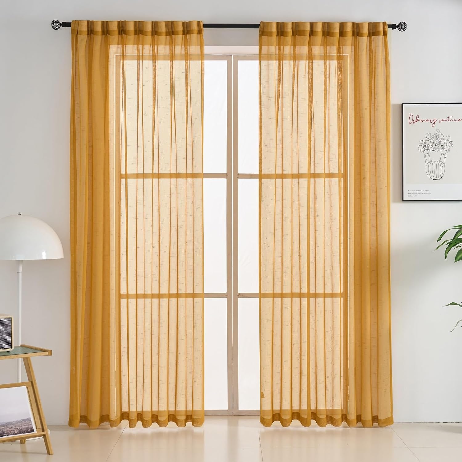 Fall Gold Linen Look Pinch Pleated Sheer Curtains 90 Inches Long 2 Panels, 50 Inches Width, Rustic Textured Light Filtering Drapes, Mustard Yellow Window Curtain with Hooks