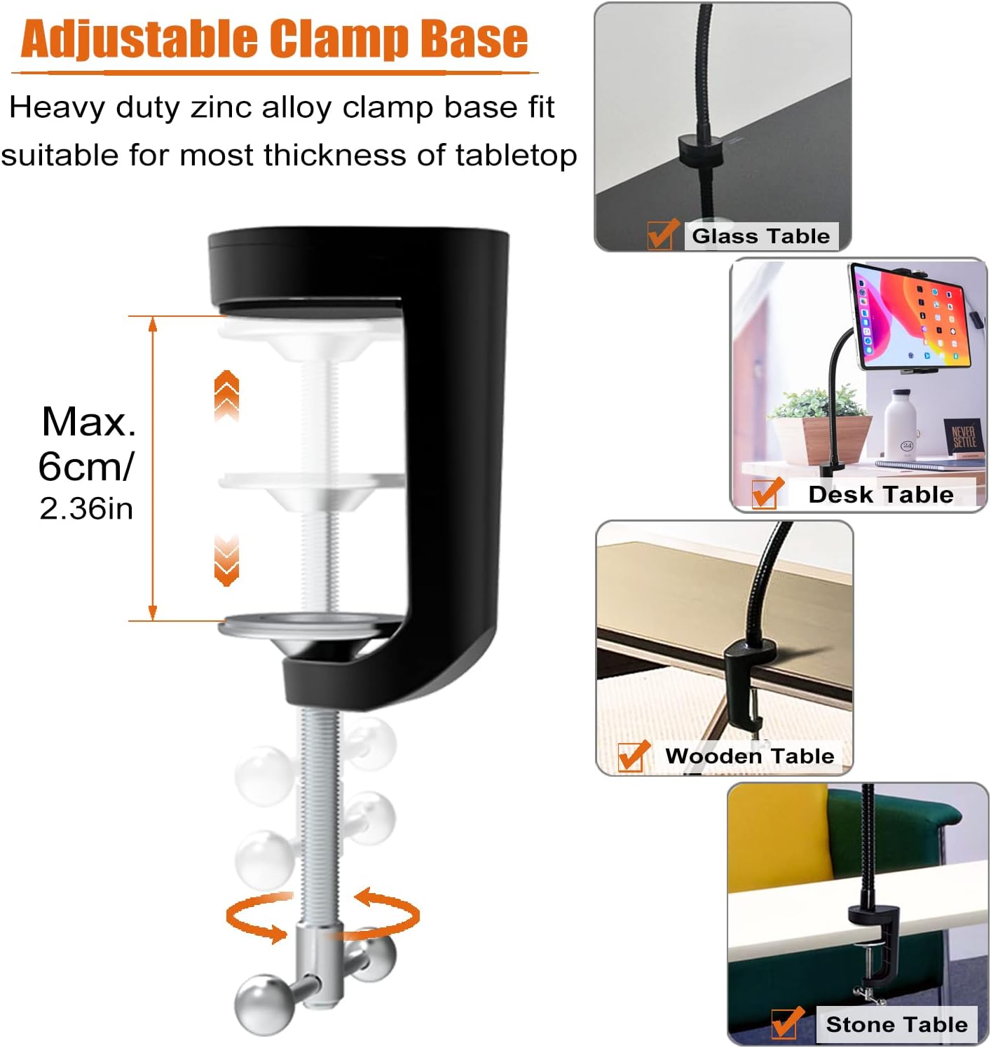 Kolasels Gooseneck Tablet Mount Holder for 4-13" iPad & Phone, Heavy Duty Desk/Bed Tablet Stand, Flexible Arm Clip Tablet & Phone Mount for iPad Pro 12.9 10.5 9.7 Air Mini, Samsung Tabs, iPhone etc : Electronics