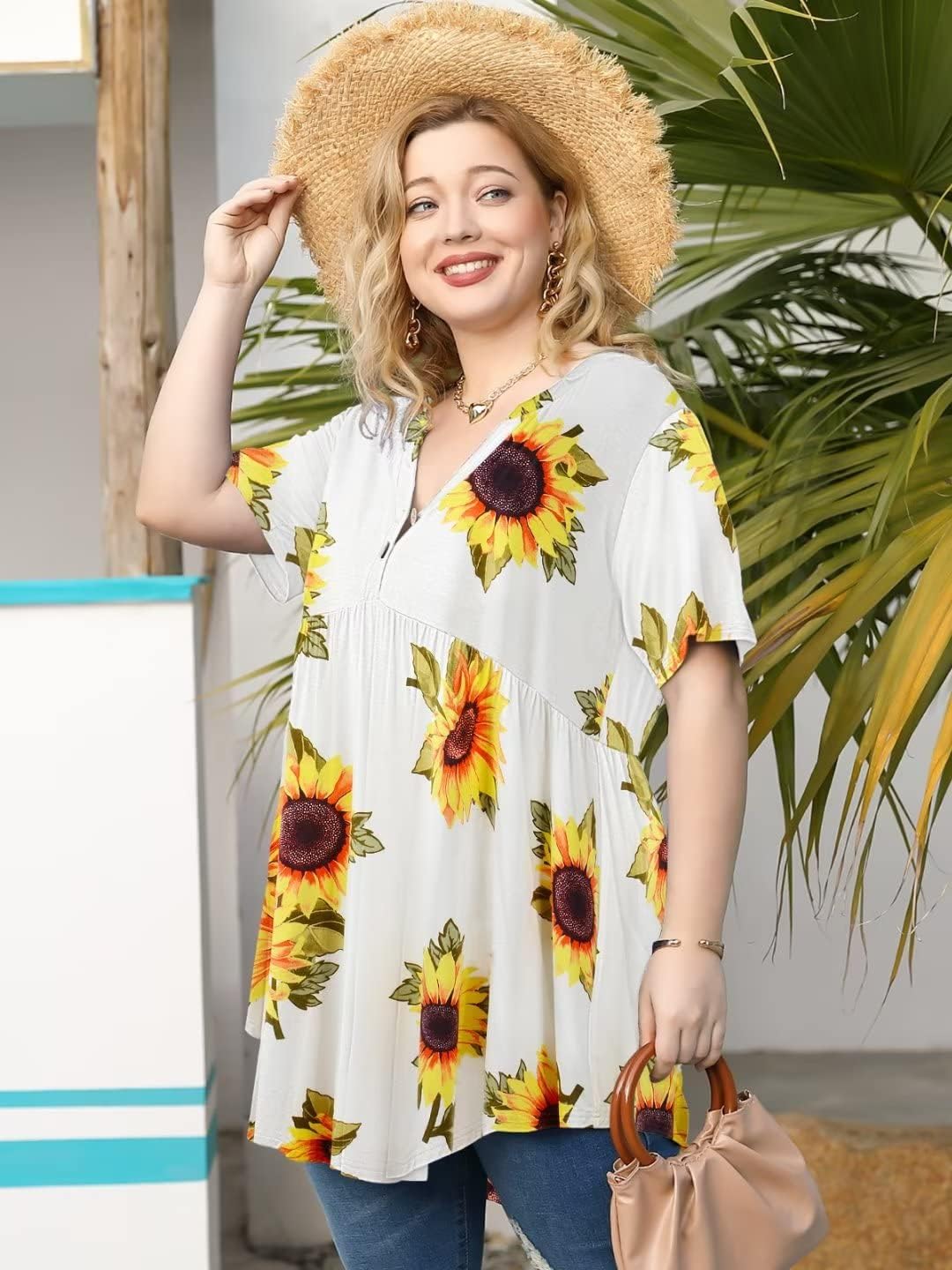 LARACE Women's Plus Size Henley Shirts V Neck Button Tunic Tops Short Sleeve Swing Flowy Blouse - Image 2