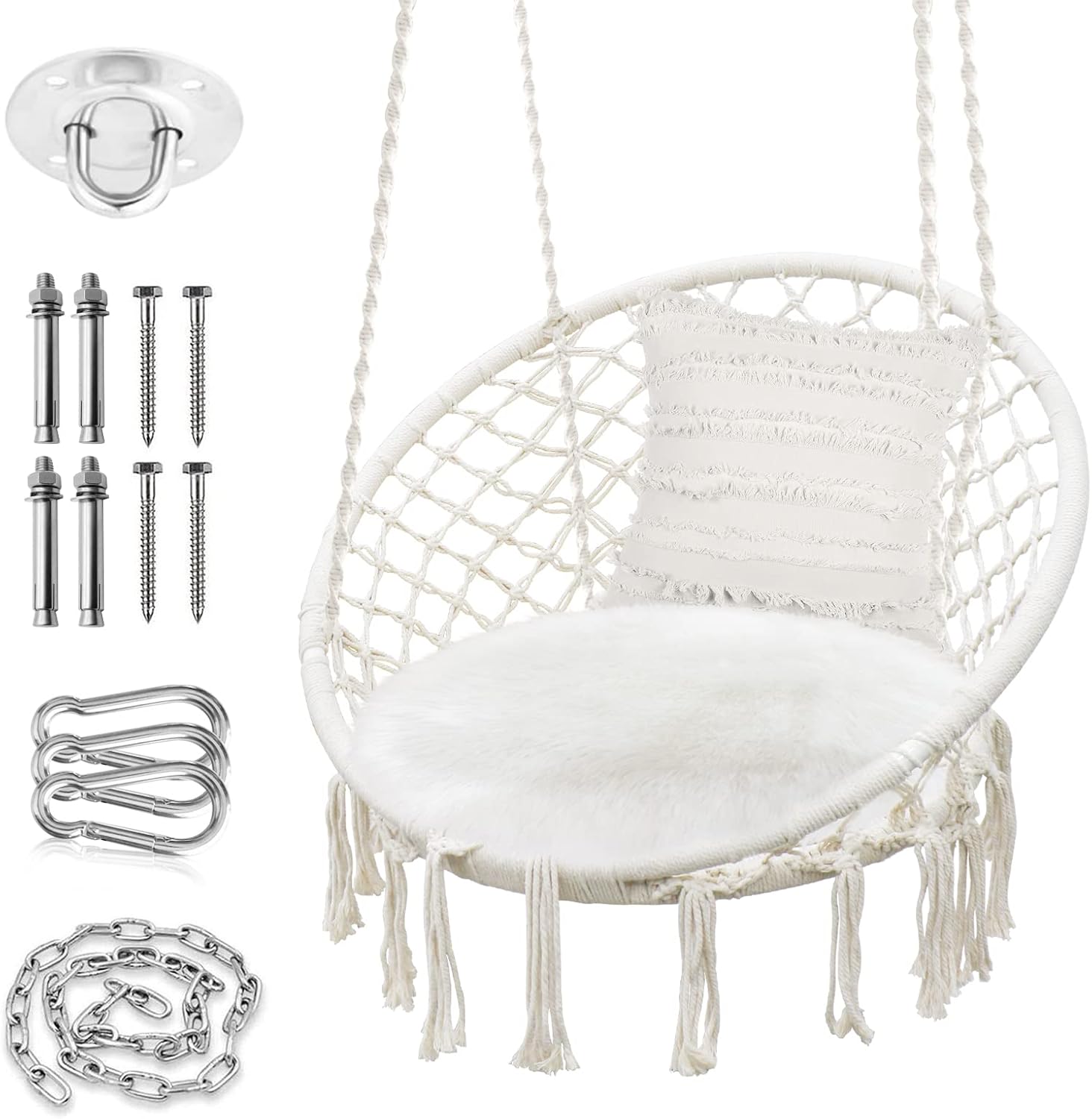 SURPCOS Round Hammock Chair Swing with Two Cushion, Upgraded Max 550LBs Macrame Swing for Indoor and Outdoor Use, Hanging Cotton Rope Macrame Hammock Chair Swing with Stainless Steel Hardware Kits