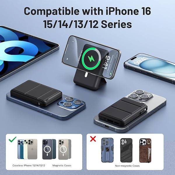 Azmuth for Mag-safe Power Bank, 10000mAh Magnetic Battery Pack 20W PD Fast Charging with USB-C Cable LED Wireless Portable Charger with Stand for iPhone 17/16/15/14/13/12/Pro/Max(Black) - 3