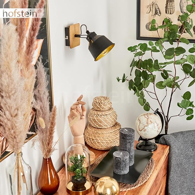 hofstein Wandlamp Safari, wandlamp van metaal/hout in zwart/chroom/goud/natuur, verstelbare lamp in retro/vintage design, lichteffect en aan-/uitschakelaar op de behuizing, 1-lamp, E14, zonder gloeilamp photo 3