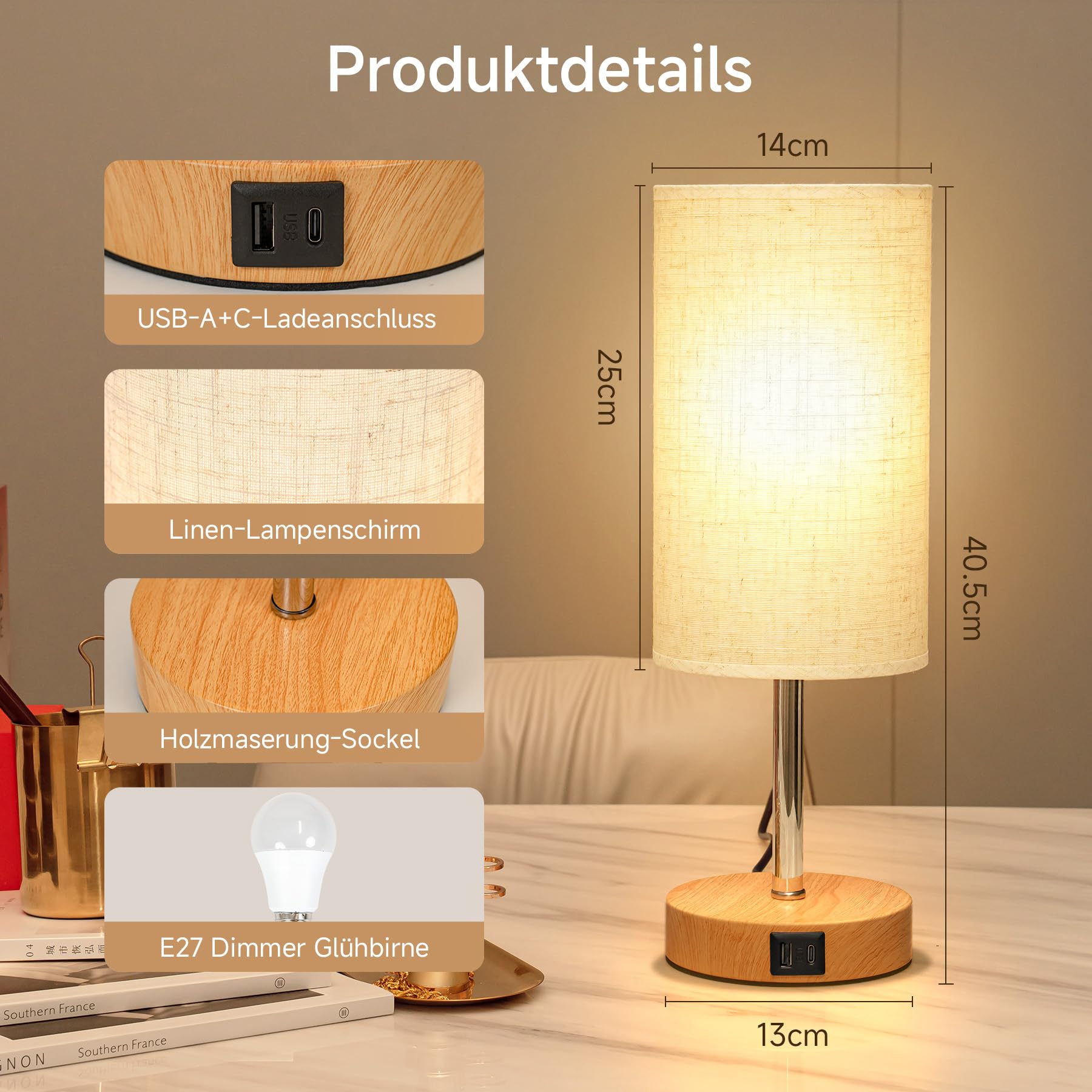 Görvitor Lampada da comodino Touch dimmerabile, set da 2 pezzi, lampada da tavolo con porte di ricarica USB-A/C, paralume in lino e 3 livelli di luminosità, lampada da comodino con cavo per camera da