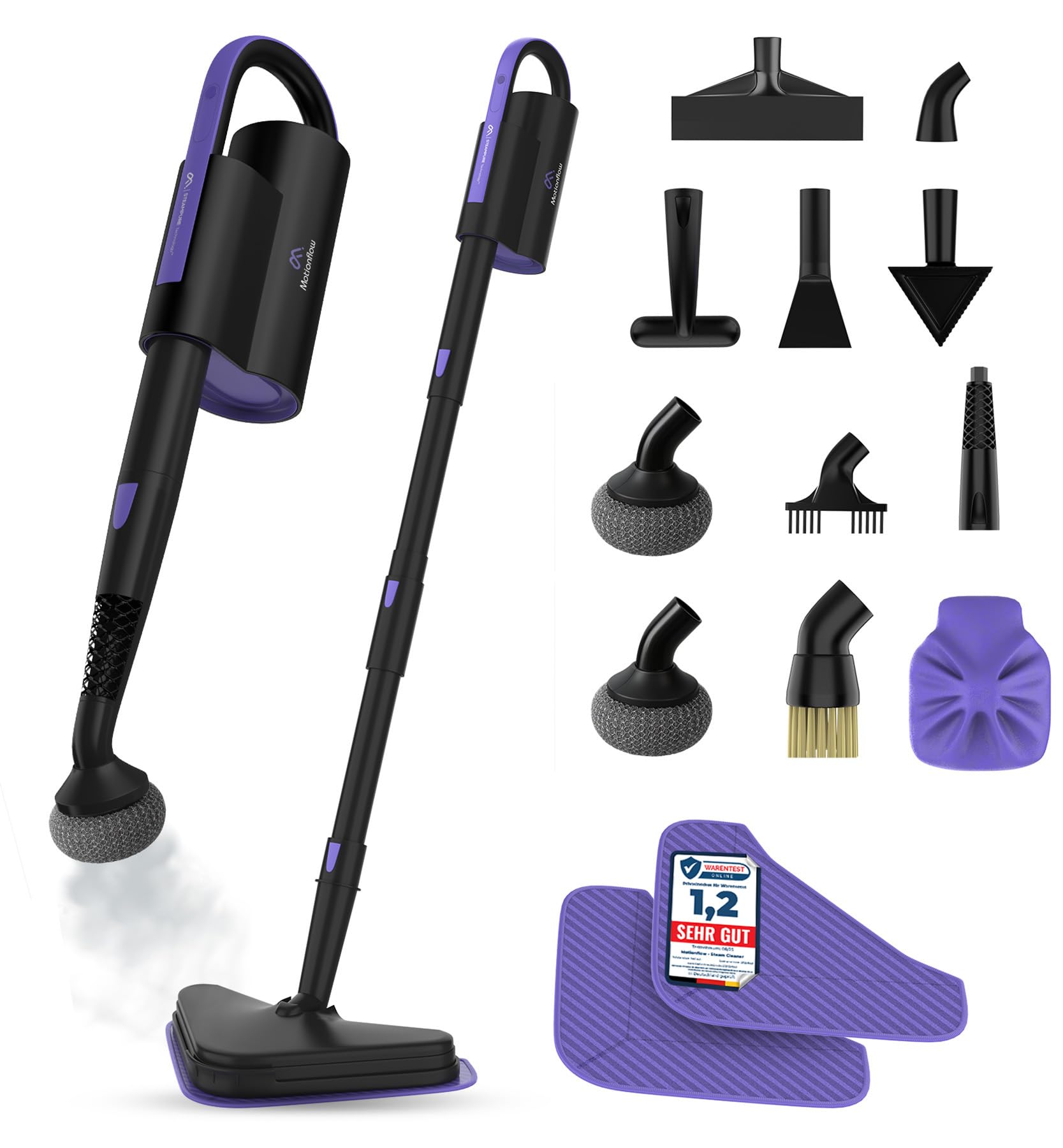 Motionflow Dampfreiniger für alles – 16-in-1 Hochdruck Steam Cleaner für Polstermöbel, Teppiche, Bad & Küche – Dampfbürste mit 13 Aufsätzen, 20 Min Laufzeit, 30s Aufheizzeit, 120°C Dampf