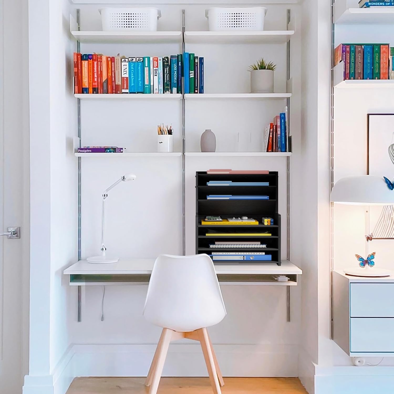 7 Tier Black Desk Organizer with File Holder, Wood Desktop Paper Organizer for Office Organization, Vertical Document Sorter and Letter Tray for Desk, School Storage Orgnizer Shlef