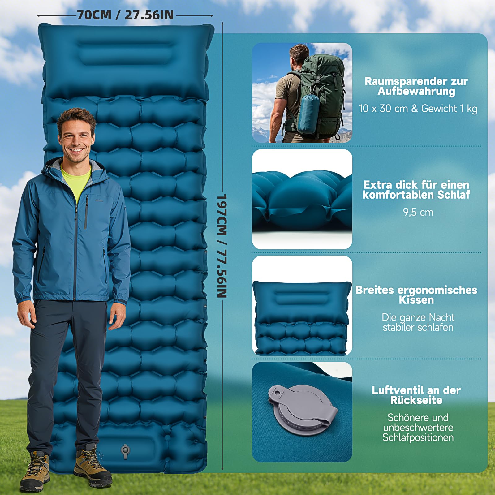 Isomatte Camping Luftmatratze 9,5cm verdickt, 200x69cm Ultraleicht Luftzellenmatte Aufblasbare Matratze Outdoor Wasserdicht Campingmatte Schlafmatte für Strand, Zelt, Wandern