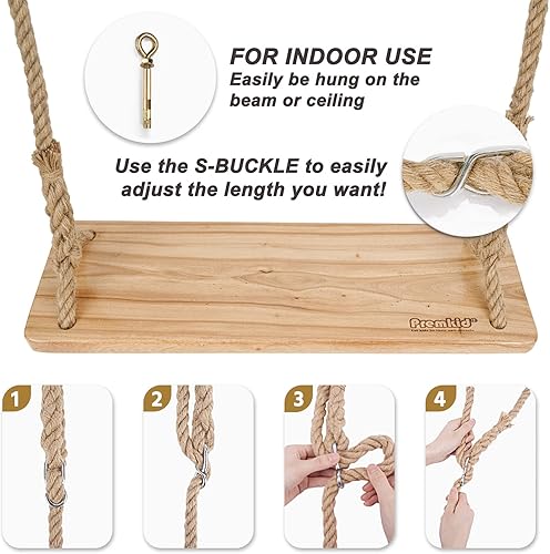 Miniatura 5 de Columpio de madera para colgar, asiento de columpio de 20 x 10 x 1.4 pulgadas, columpio de árbol para adultos y niños, columpio de interior con