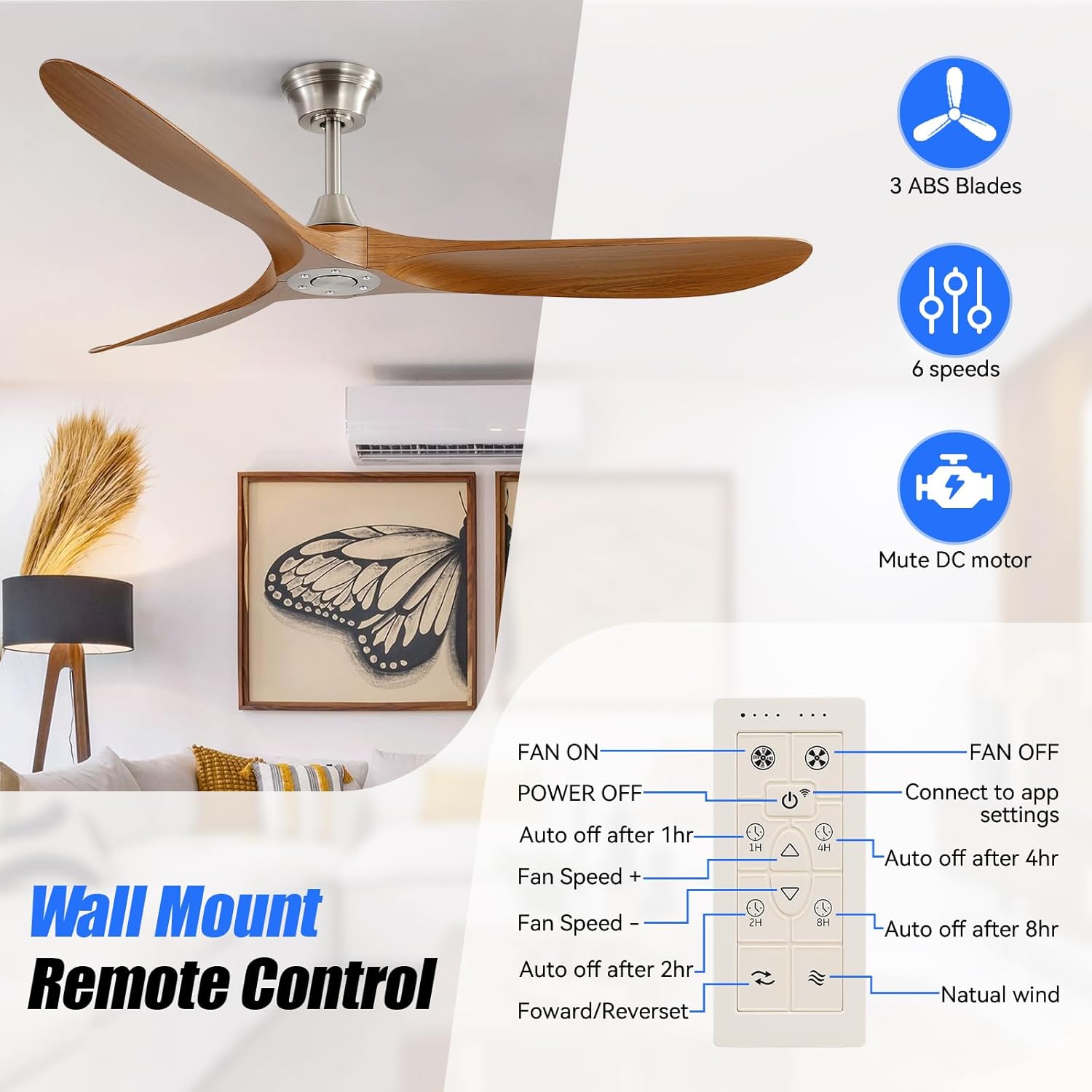 Sofucor 60 Inch Smart Ceiling Fan no Light and Remote/APP/Voice Control Compatible with Alexa Google, Low Profile Ceiling Fan with 3 Downrod for Indoor Outdoor Living Room Farmhouse Patio