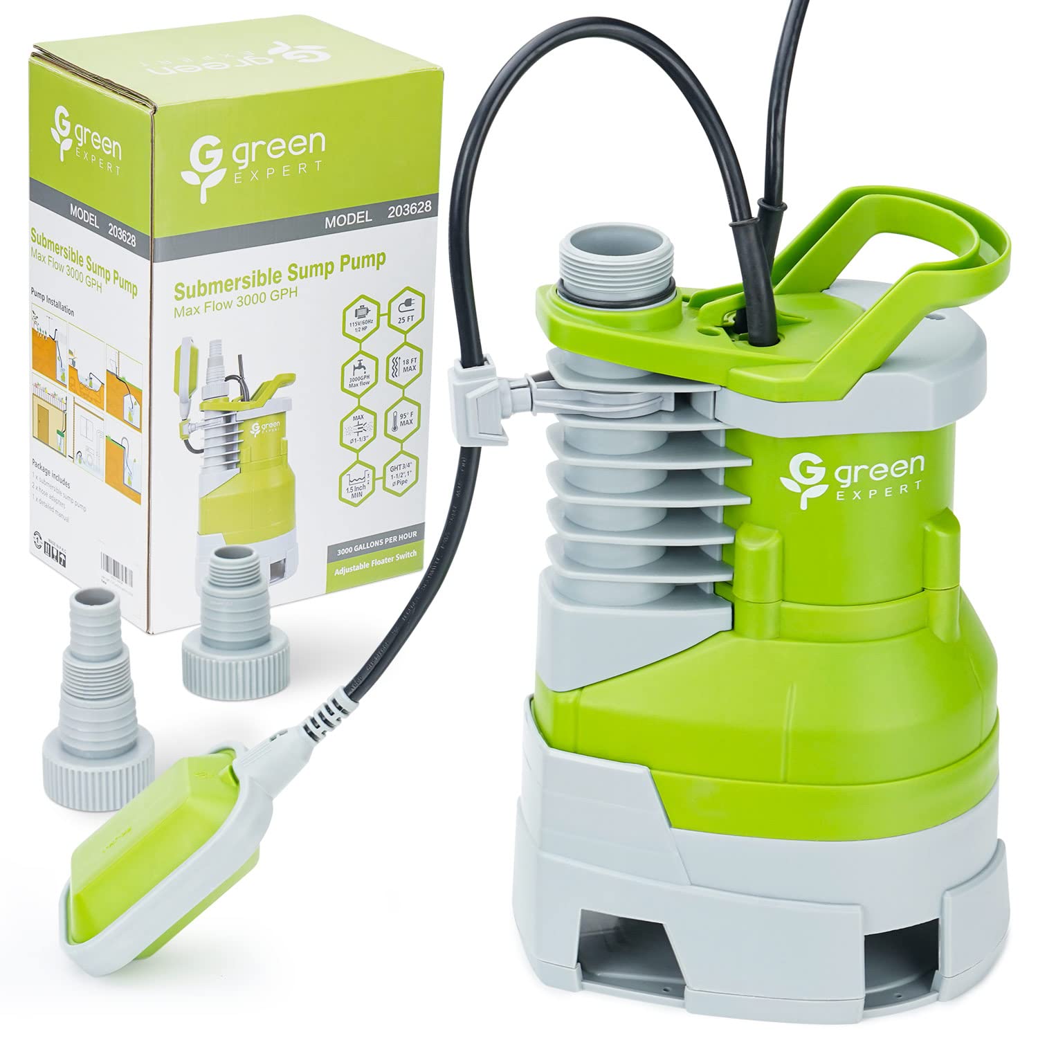 Green Expert Electric Water Pump Submersible 1/2HP 3000GPH High Flow 25-Foot Power Cord Manual Automatic On Off Adjustable Float Switch Drain Pools Hot Tub Flooded House Backup Sump Removal Pump