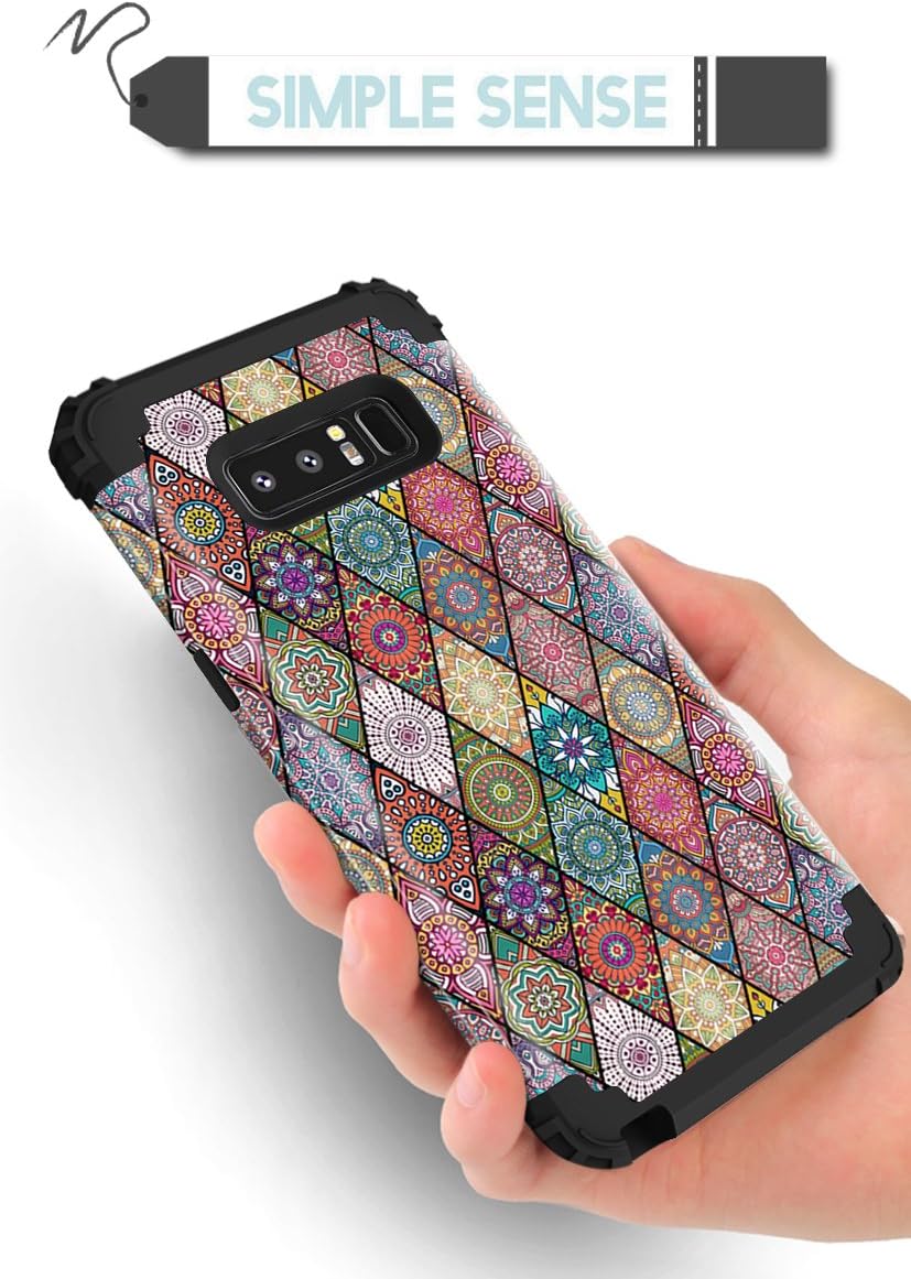 Hocase Galaxy Note 8 Case, Shockproof Heavy Duty Hybrid Silicone Rubber Bumper+Hard Shell Full Body Protective Phone Case w/Cute Mandala Floral Print for Samsung Galaxy Note 8 2017 - Black
