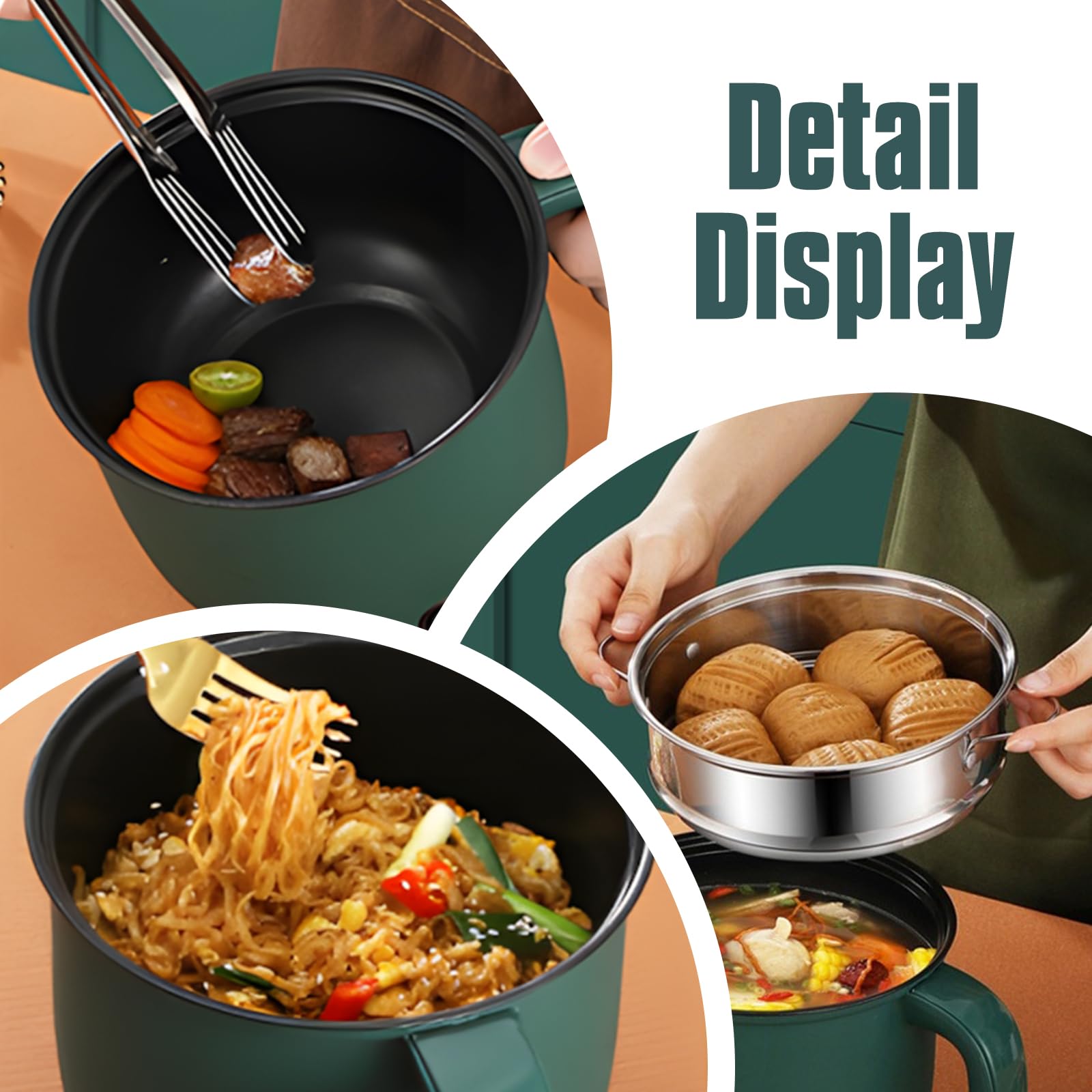 Hot Pot, pentola elettrica da 1,3 l, Hot Pot Ramen Cooker con pentola a vapore in acciaio inox, antiaderente Hot Pot elettrico per zuppa/ramen/pasta/farina d'avena/uova, 600 W, 220 V, verde