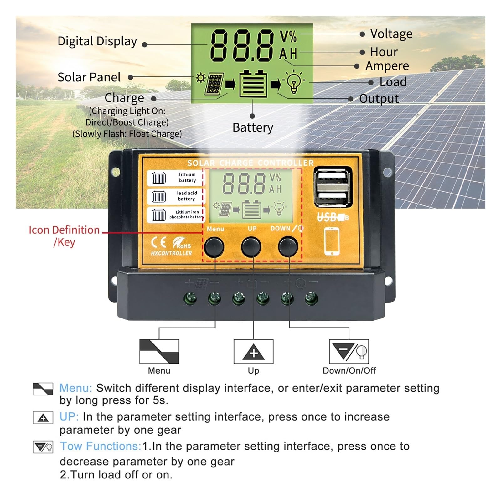 Kontroler ładowania słonecznego, 10A 20A 30A MPPT regulator ładowania słonecznego 12V 24V automatyczny wyświetlacz LCD podwójne wyjście USB 5V regulator baterii panelu słonecznego (Color : MPPT 10A,