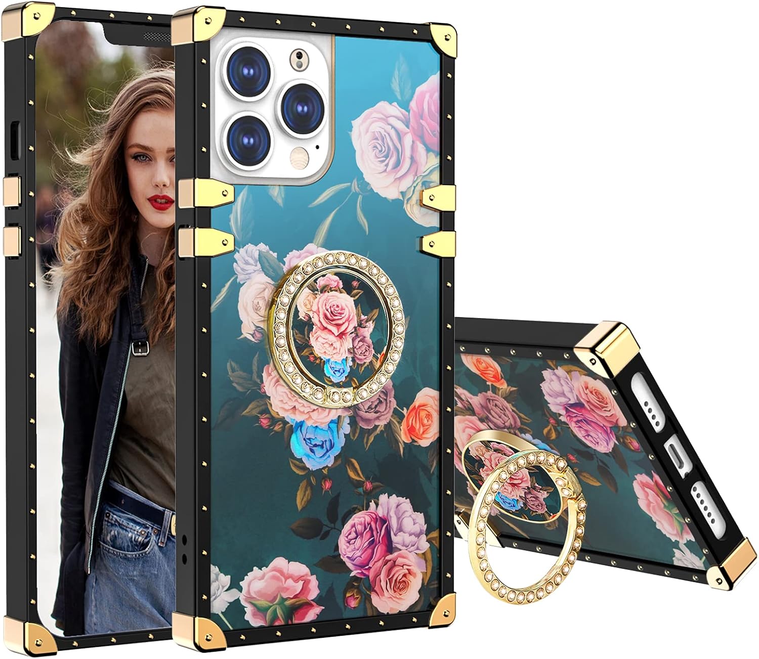 Amazon Com Awsaccy For Iphone 13 Pro Max Case For Women Girls Cute Girly Square Edge Floral Flowers Designer Phone Case With Ring Kickstand Holder Luxury Elegant Tpu Shockproof Protective Metal Corner Peony