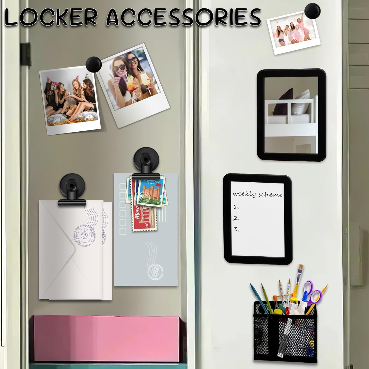 Ensemble d'accessoires de casier magnétique, noir, caddie, organiseurs de fournitures de bureau, essentiels pour la rentrée scolaire, organiseurs de casier de travail