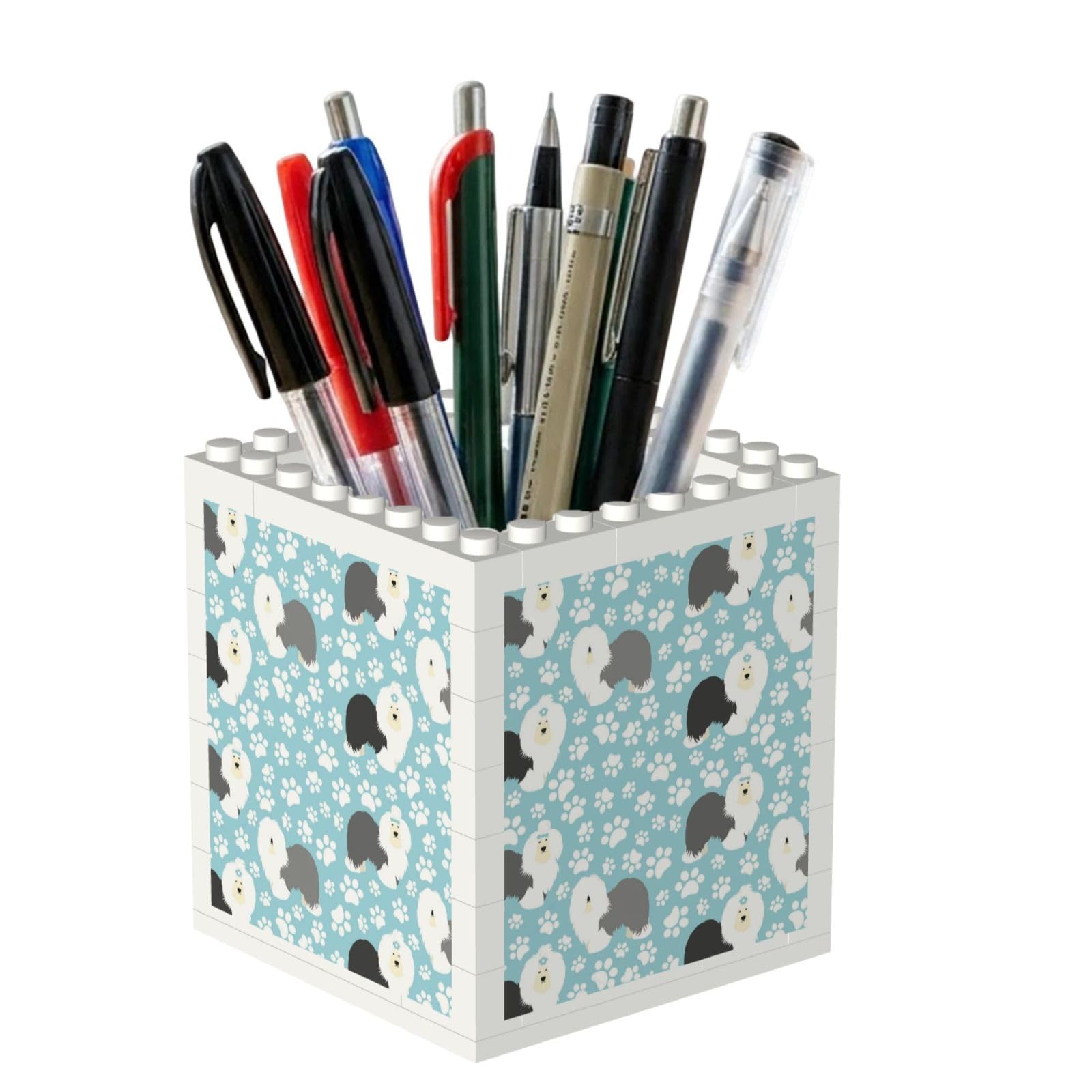 Poadnly Old English Sheepdog Background With Hand Drawn Paws Cute Cartoon, Pen Pot Pencil Holder for Office Home School, Compact Desk Organiser for Office Stationery