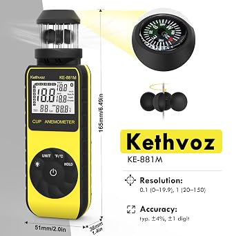 Digital Anemometer Handheld Windometer, Kethvoz Wind Speed Meter 881M