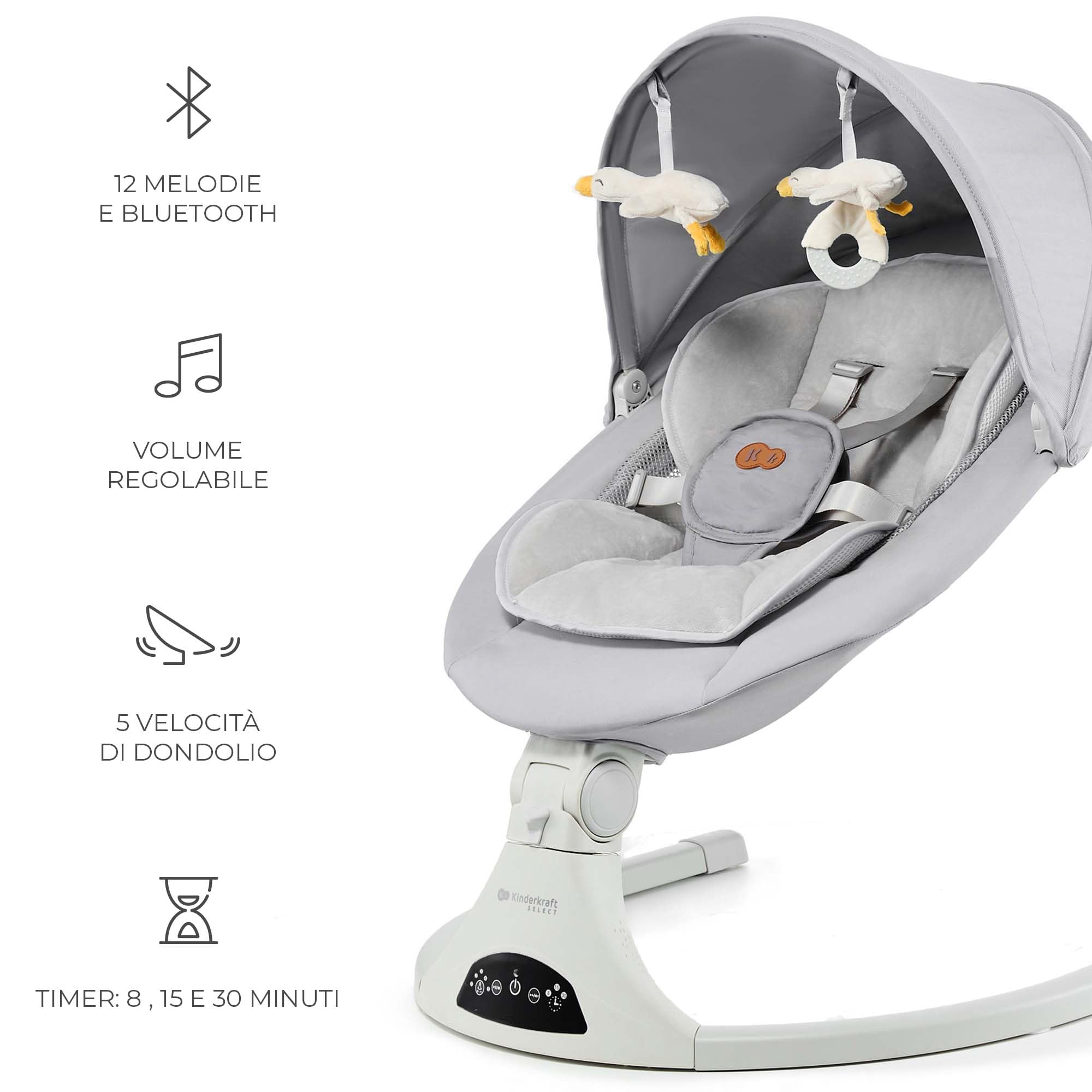 Kinderkraft TULSY - Bouncer elettrico a dondolo, automatico a 5 livelli, timer 8/15/30 min, pannello touch o telecomando, Bluetooth USB, 12 melodie, 3 reclinabili, imbracatura a 5 punti, zanzariera a