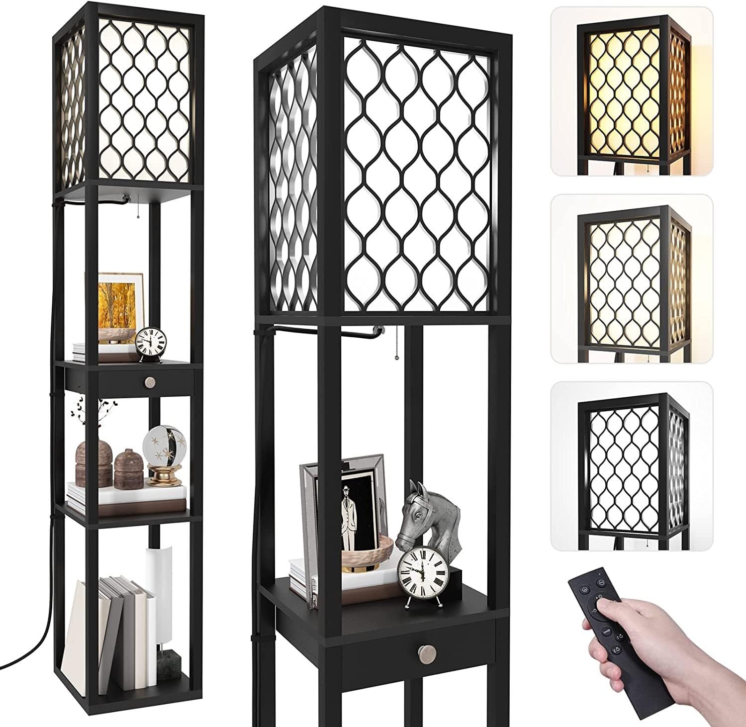 Lampada Terra Lampada Da Terra Woode Con Mensole E Cassetto Portaoggetti Paralume In Tessuto Luce Per Soggiorno Camera Letto Per Soggiorno