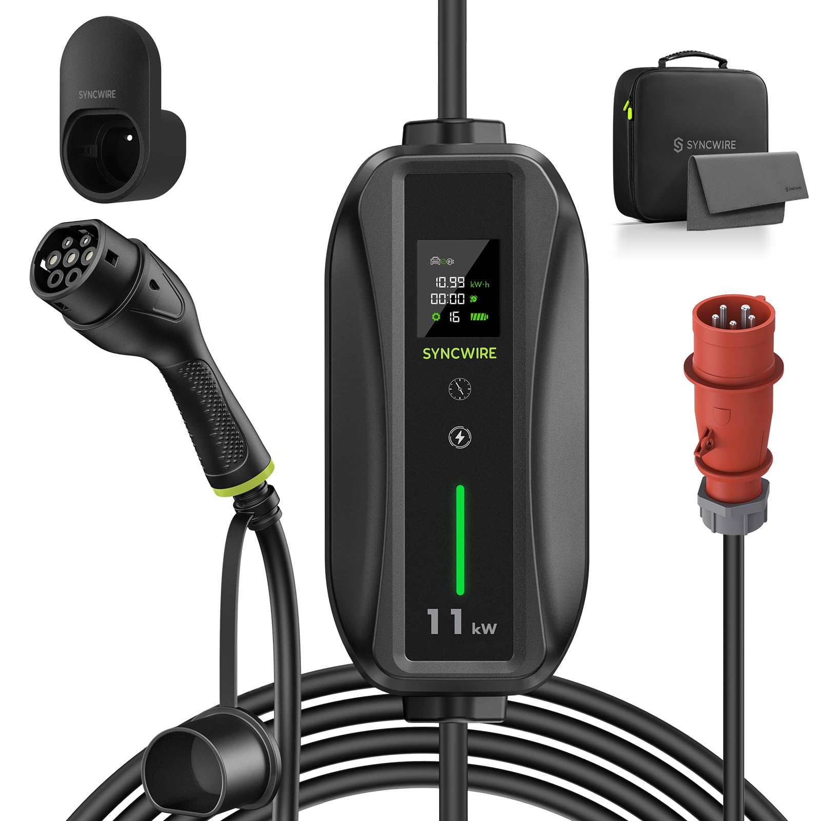 SYNCWIRE Cargador EV Tipo 2 de 11kW - 7,5m [trifásico 6-16A] con Corriente Ajustable Cable de Carga Rápida EV Cargador Tipo 2, Claro LCD, Impermeable IP65, con Soporte para Cable Bolsa Almacenamiento