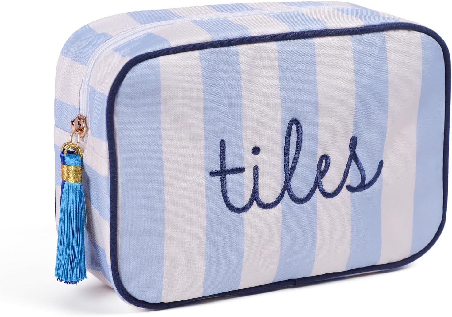 Mahjong Tile Bag - Blue & White Striped Embroidered Case for 166 American Mahjong Tiles (1.2"), Portable Zippered Travel & Board Game Storage Pouch for Mahjong Lovers, 9.4 x 6.3 x 3.1 (Case Only)