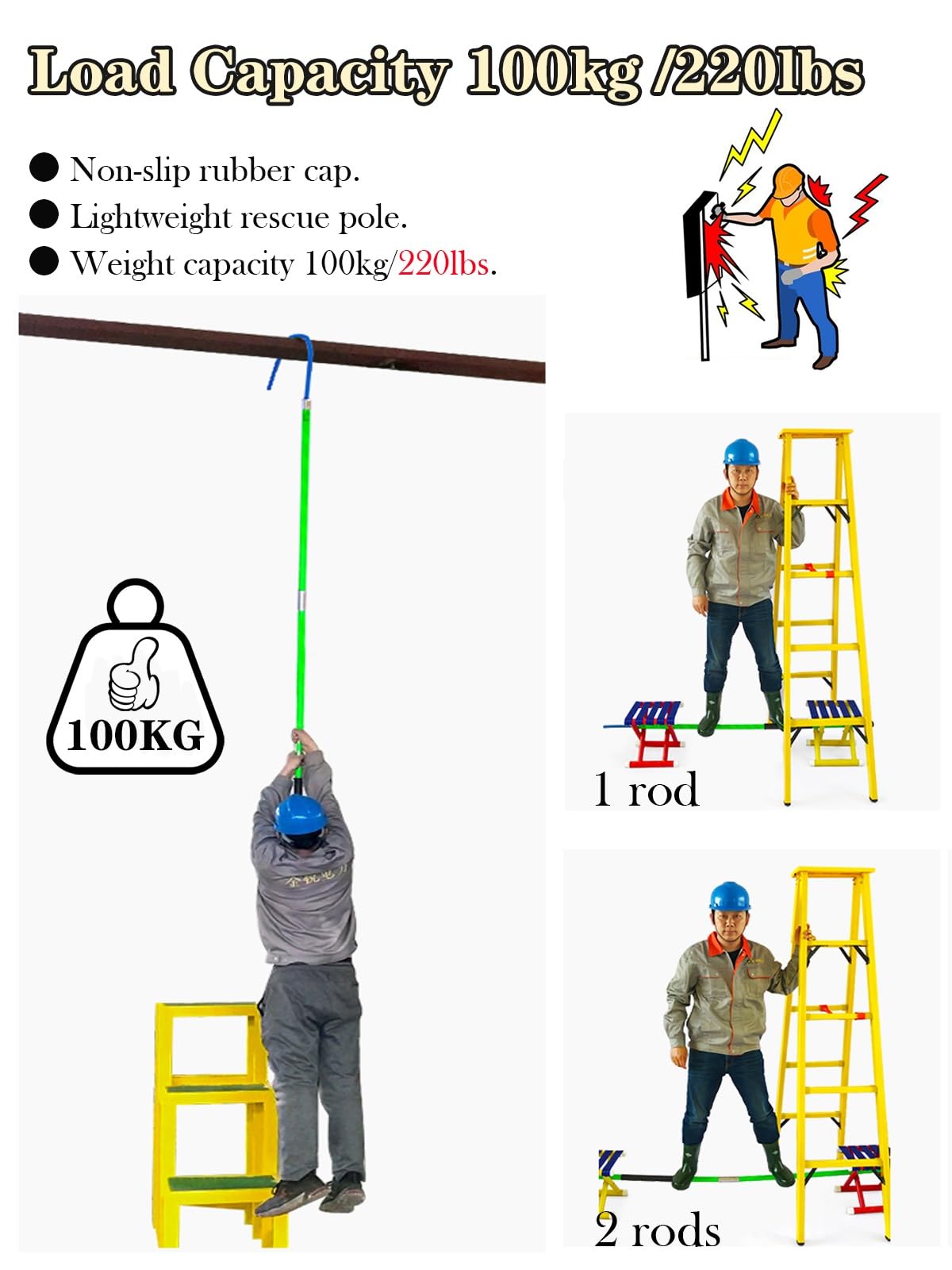 Izolowany hak ratunkowy, narzędzie bezpieczeństwa awaryjnego 1,5 m, otwór 40 cm, nośność 99 kg, niezbędny sprzęt dla elektryków i służb ratunkowych