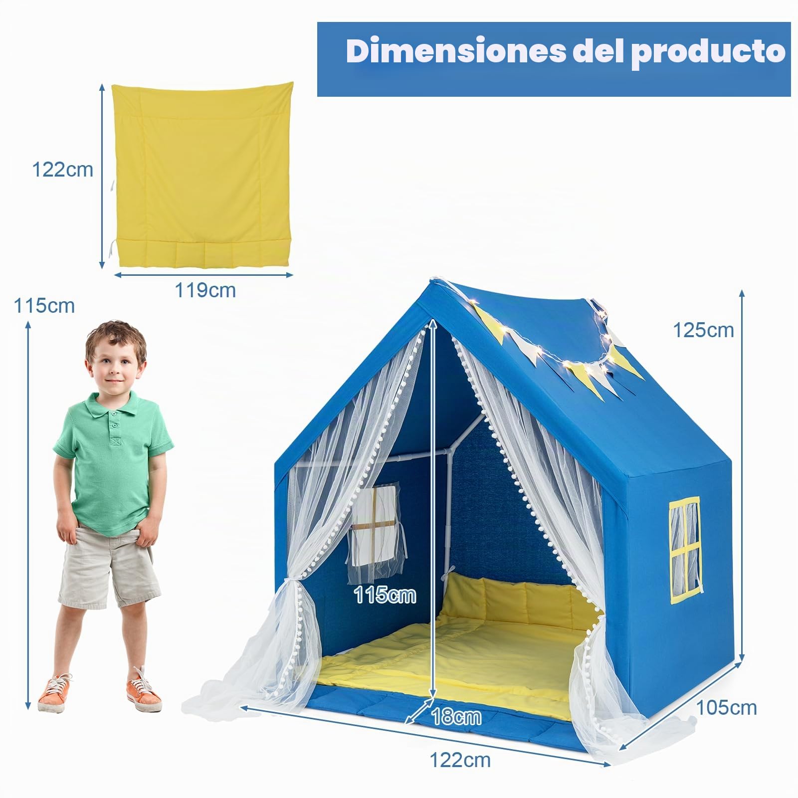 HOMASIS Tienda Campaña para Niños, Carpa Infantil, Casita Interior con Luces Estrellas y Alfombra de Algodón, Cortina de Gasa y Bolsillo Lateral, Cabaña de Juego para 2 Niño,122x105x125cm (Azul)