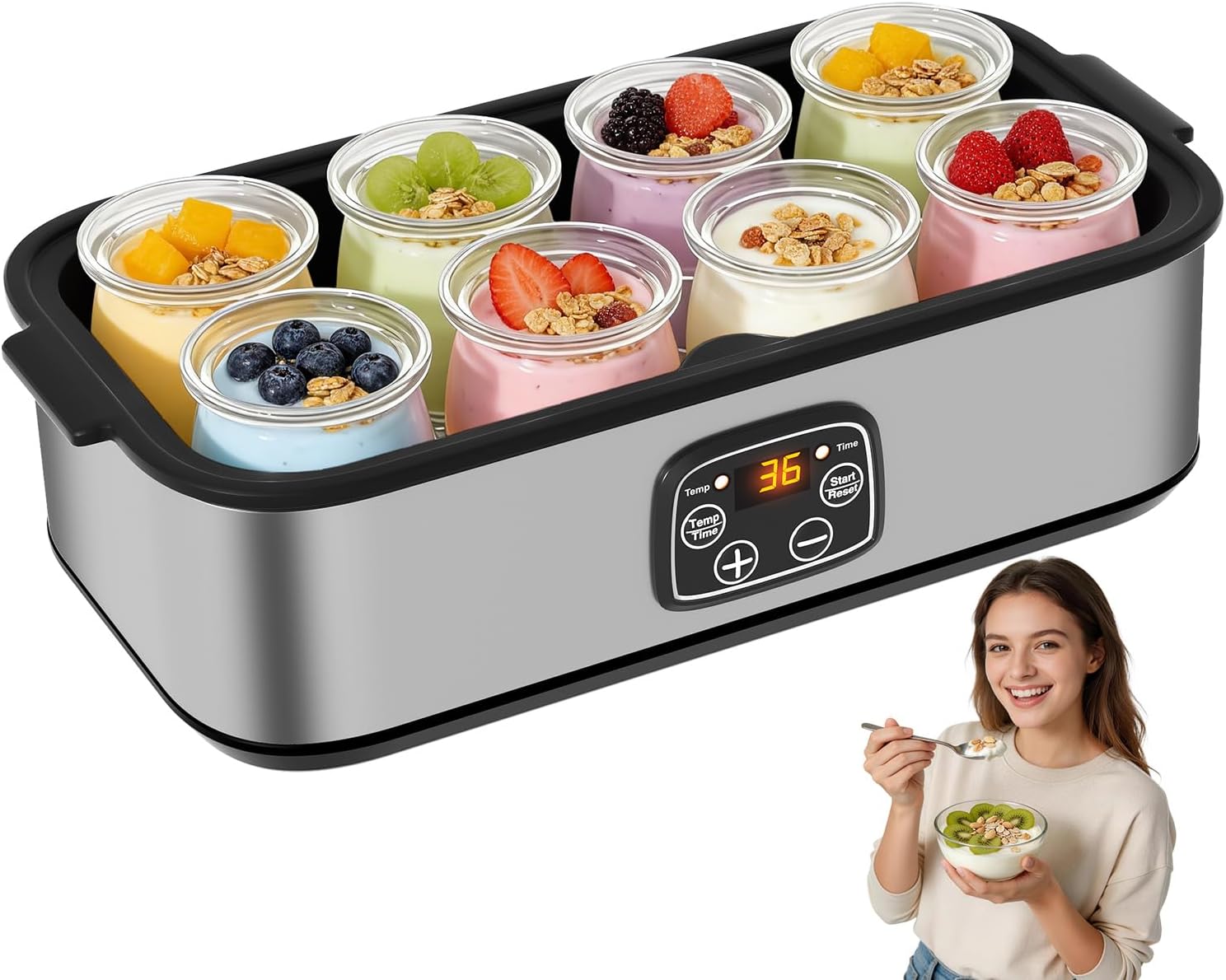 HOPERAN Yogurt Maker with Adjustable Time and Temp Control, Yogurt Maker Machine with Automatic Shut-Off & Constant Temper for Homemade Probiotic, Greek Yogurt, BPA-Free (Black Grey, 48 oz/8 Jars)