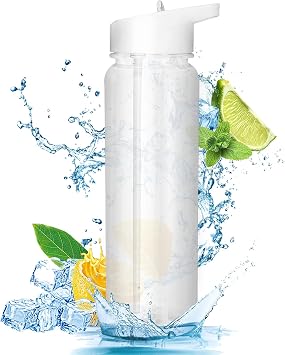 Queiting Water Bottle with Straw 750ml Plastic Gym Bottle for Cold Water Reusable Transparent Gym Bottle for Sport Picnic Traveling Study Cycling White