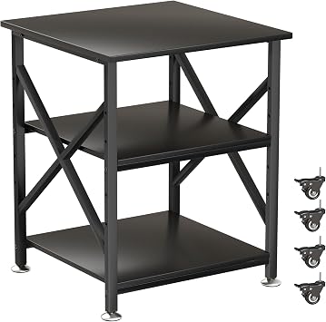 Printer Stand, 23.6 x 23.6 Inches Large Printer Stand with Adjustable Storage Shelf, 3 Tier Printer Table for Home Office, Rolling Printer Cart with Industrial Wheels, Mini Fridge Stand Table, Black