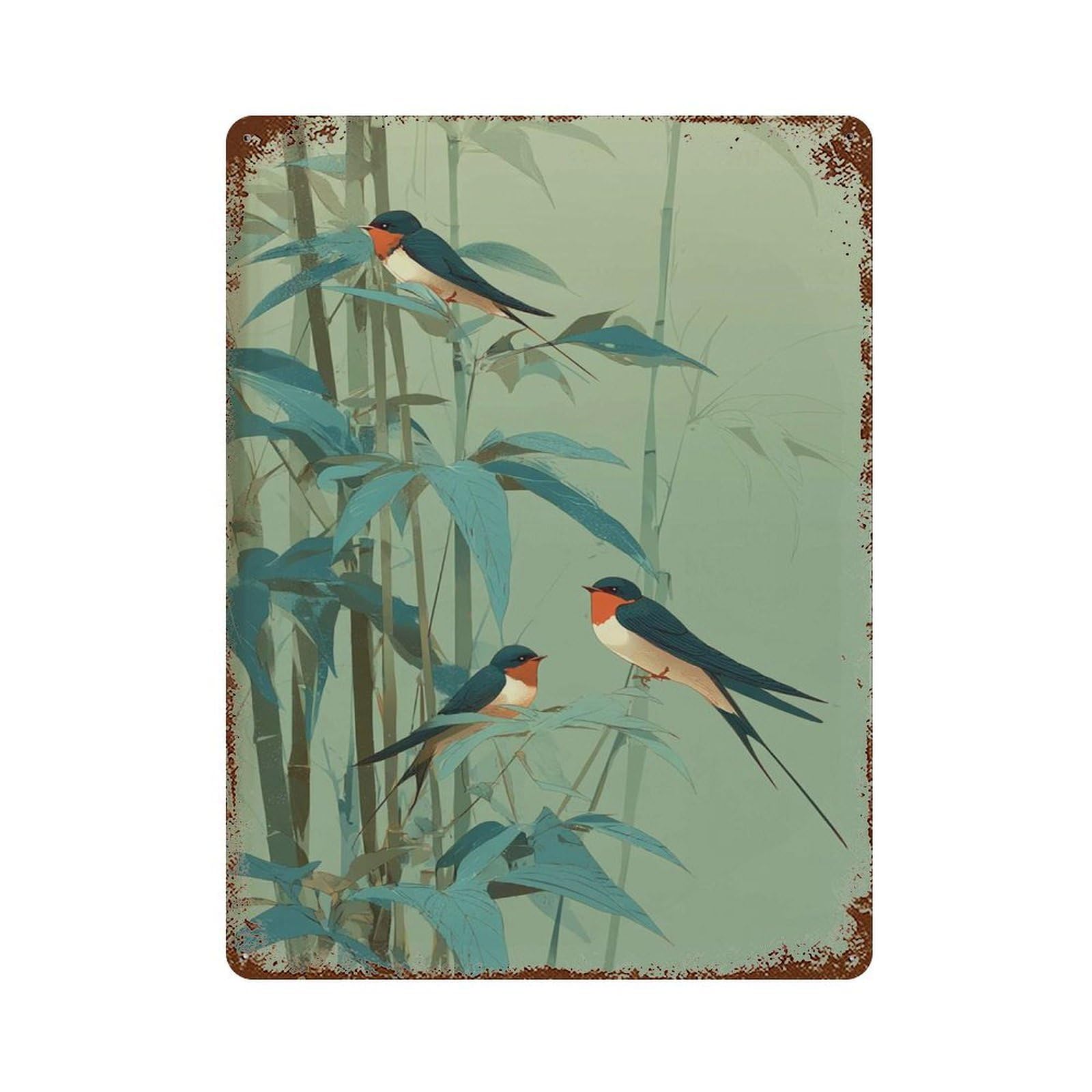 xiaoxiaoshen Sow Birds Bamboo Japandi Nature Green Zen Botanical Asian Inspired Minimalist Wo Wall Decor Art Metal Tin Poster Modern Home Decor Art Home Bar Shop Decorations Vintage Sign 40x30cm