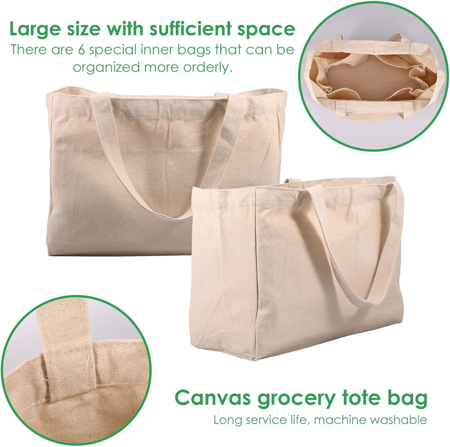 2pcs Canvas Grocery Bags with Handles,Large Capacity Grocery Shopping Bags, Heavy Duty Reusable Grocery Tote Bags With 6 Inner Pockets, Machine Washable Canvas Grocery Bag for Grocery Store Camping - Image 6