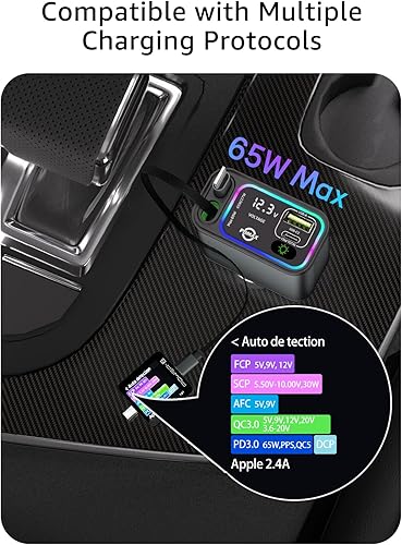 Miniatura 4 de Cargador de coche retráctil USB C, cargador de coche tipo C de 107 W de carga rápida con cable retráctil dual y puertos USB para iPhone 17/16/15,