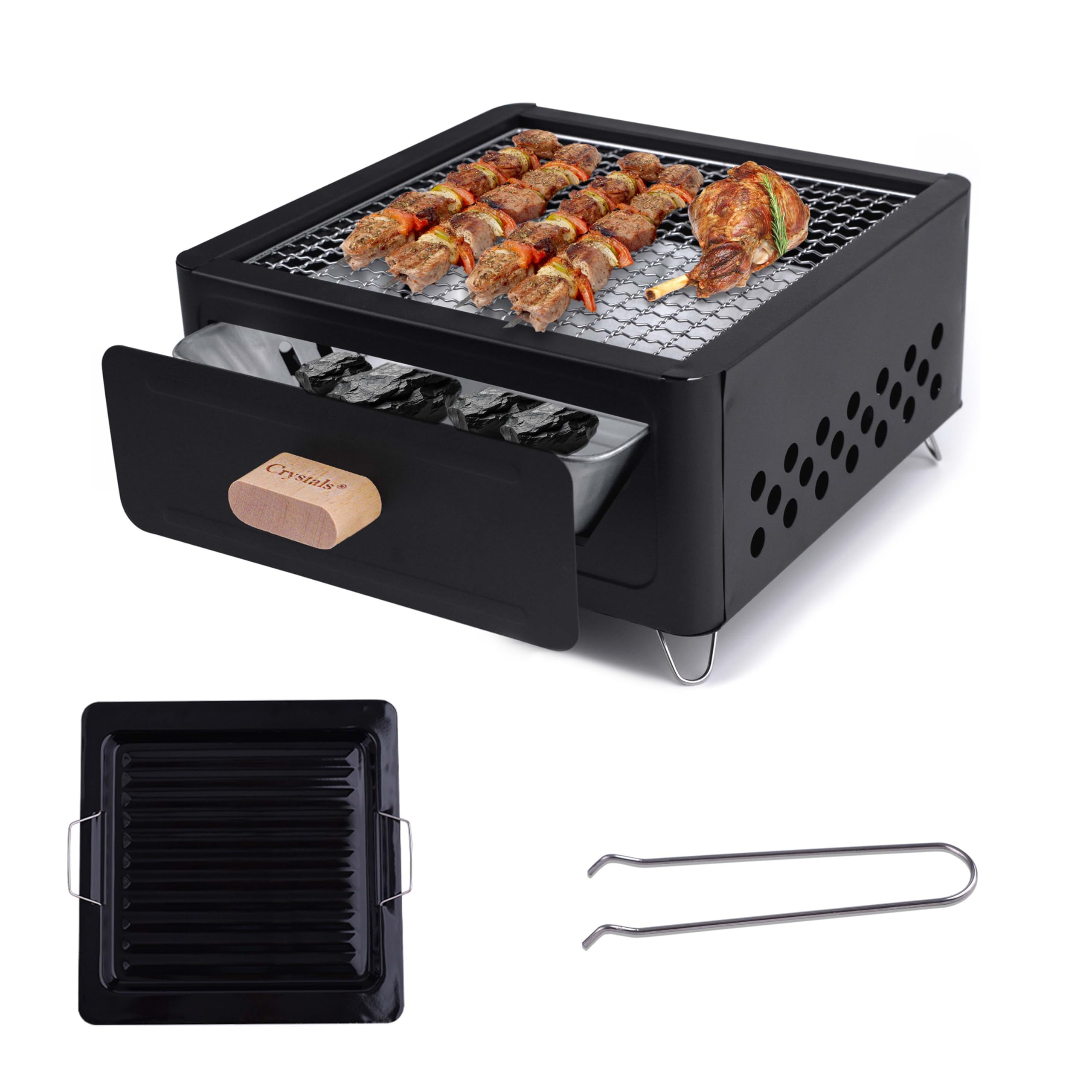 Crystals Portable Folding Charcoal BBQ Grill – Tabletop Stainless Steel Barbecue Cooker, Compact Foldable Outdoor Grill for Camping, Garden, Picnic, Travel, Patio & Outdoor Cooking_Black