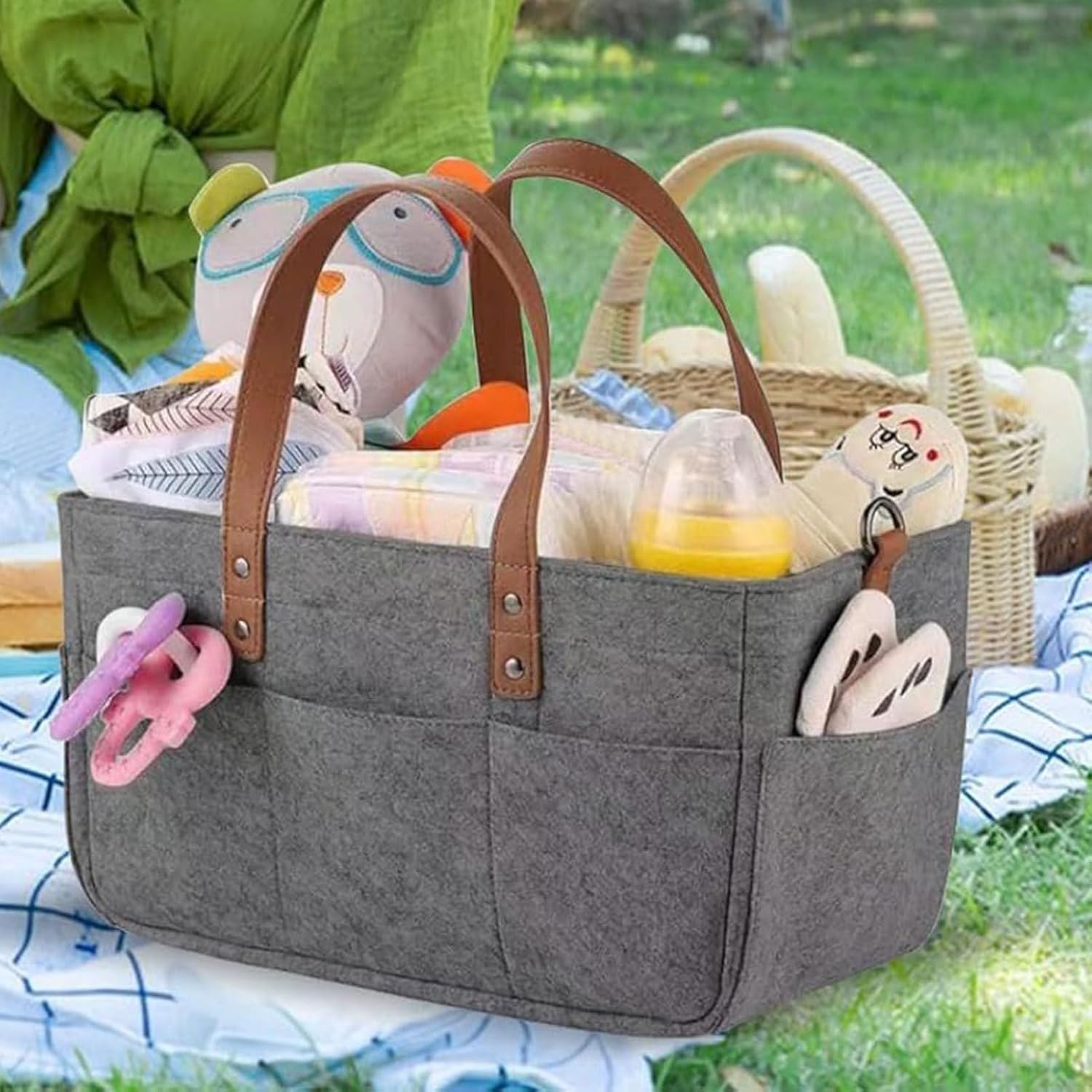 Home Storage Felt Storage Baskets,Large Portable Market Basket with Shoulder Strap,Reusable Storage Organization for Kitchen, Food, Travel, Outdoor & Family