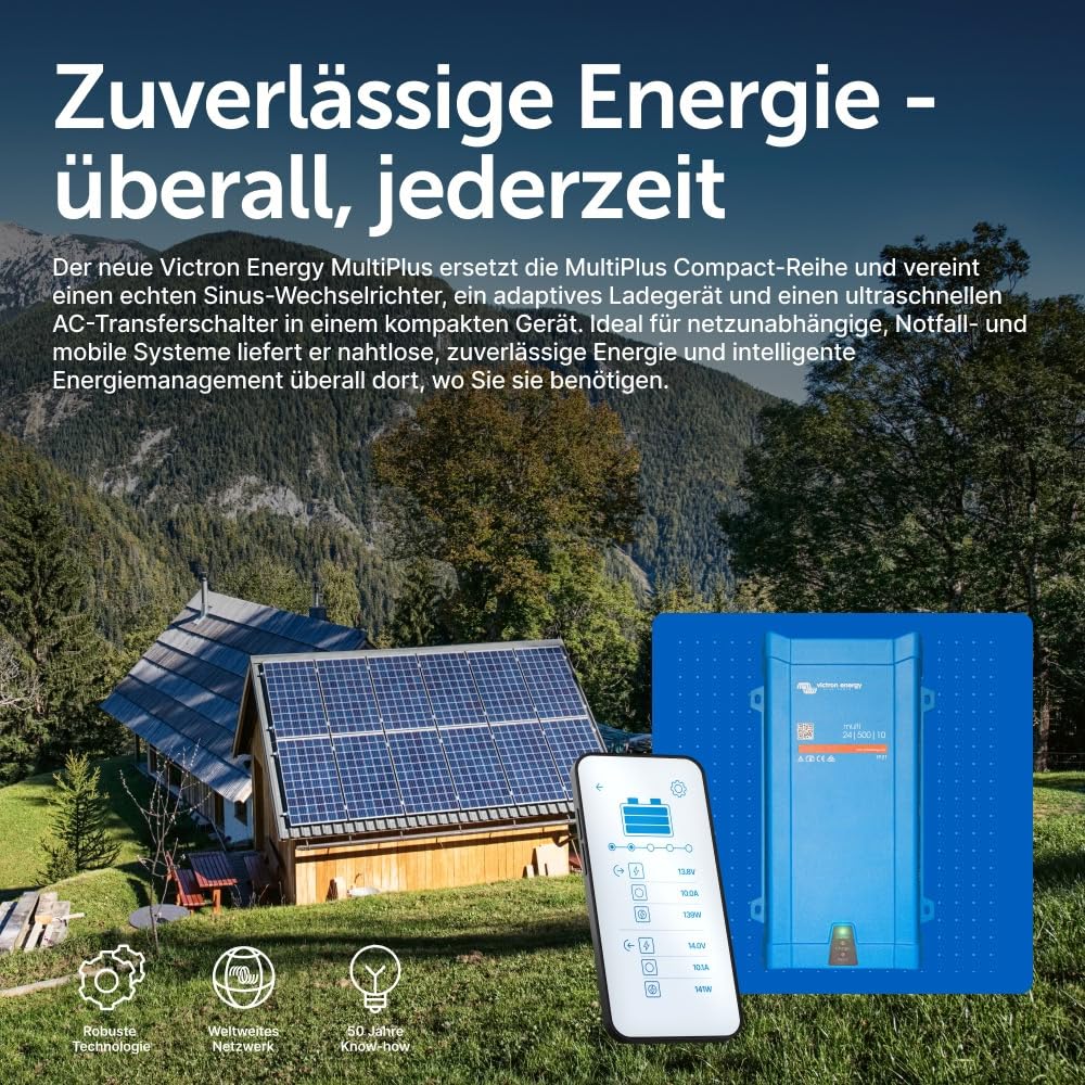 Victron Energy MultiPlus Reiner Sinus Wechselrichter 10 Amp Batterie Ladegerät, Spannungswandler, Transferschalter Inverter Charger, 500VA 24-Volt 230V