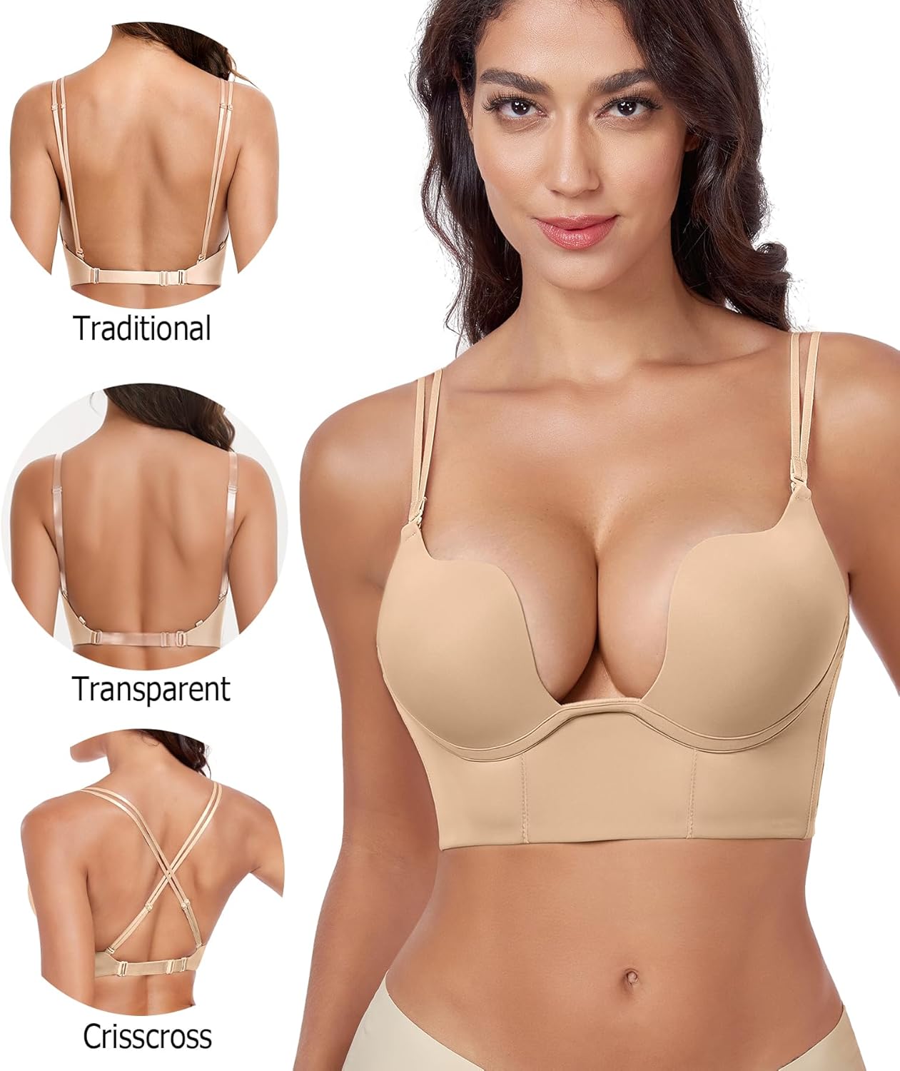 Women's Backless Deep Plunge Bra U Neckline Push Up Low Cut Supportive Underwire Bras - Image 2