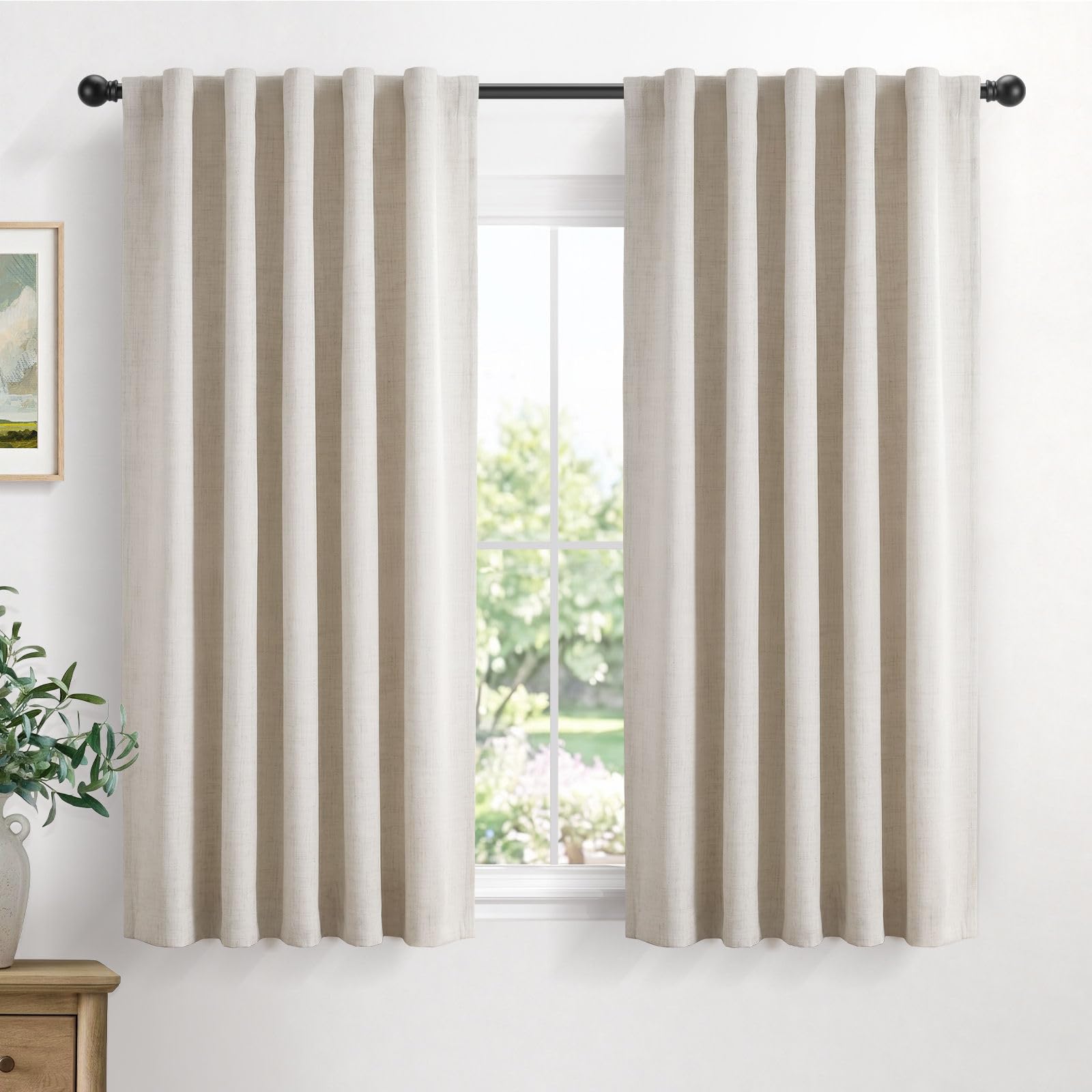 Linen Total Blackout Curtains for Bedroom Living Room 45 Inch, Cream