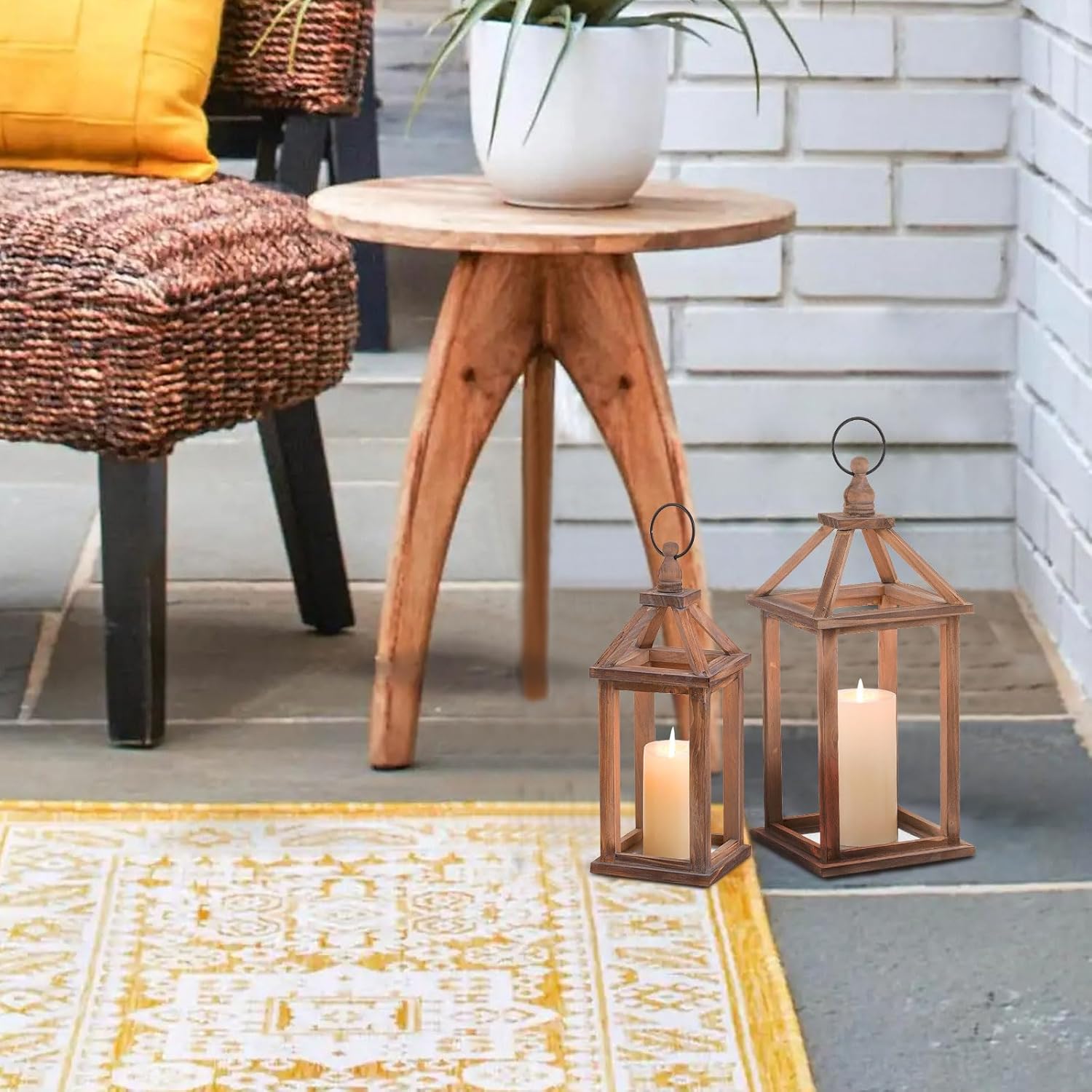Wooden Lanterns Decorative Indoor Set of 2: Hanging Farmhouse Lantern Candle Holder for Table Centerpiece Fireplace Mantle Shelf Home Decor Wedding Decoration