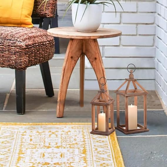 Wood Lanterns Decor Indoor Set of 2: Hanging Farmhouse Lantern Candle Holders Table Centerpieces Fireplace Mantel Shelf Home Decor Wedding Decorations